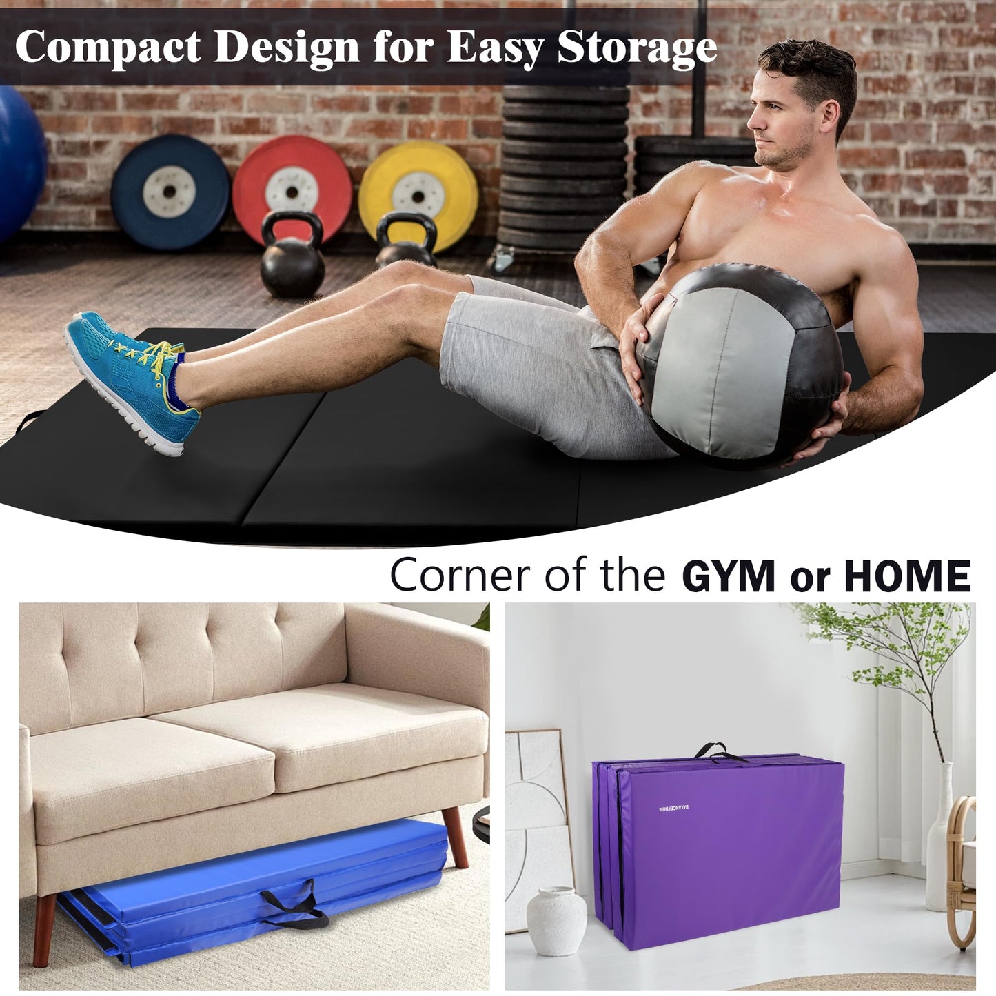 Fitvids Gymnastics Mat, 4'x8'x2" Thick Folding Home Gym Exercise Mat with Tear-Resistant PU Leather and Handles, Workout Mat for Yoga Pilates Tumbling Stretching MMA Core Workouts Wrestling