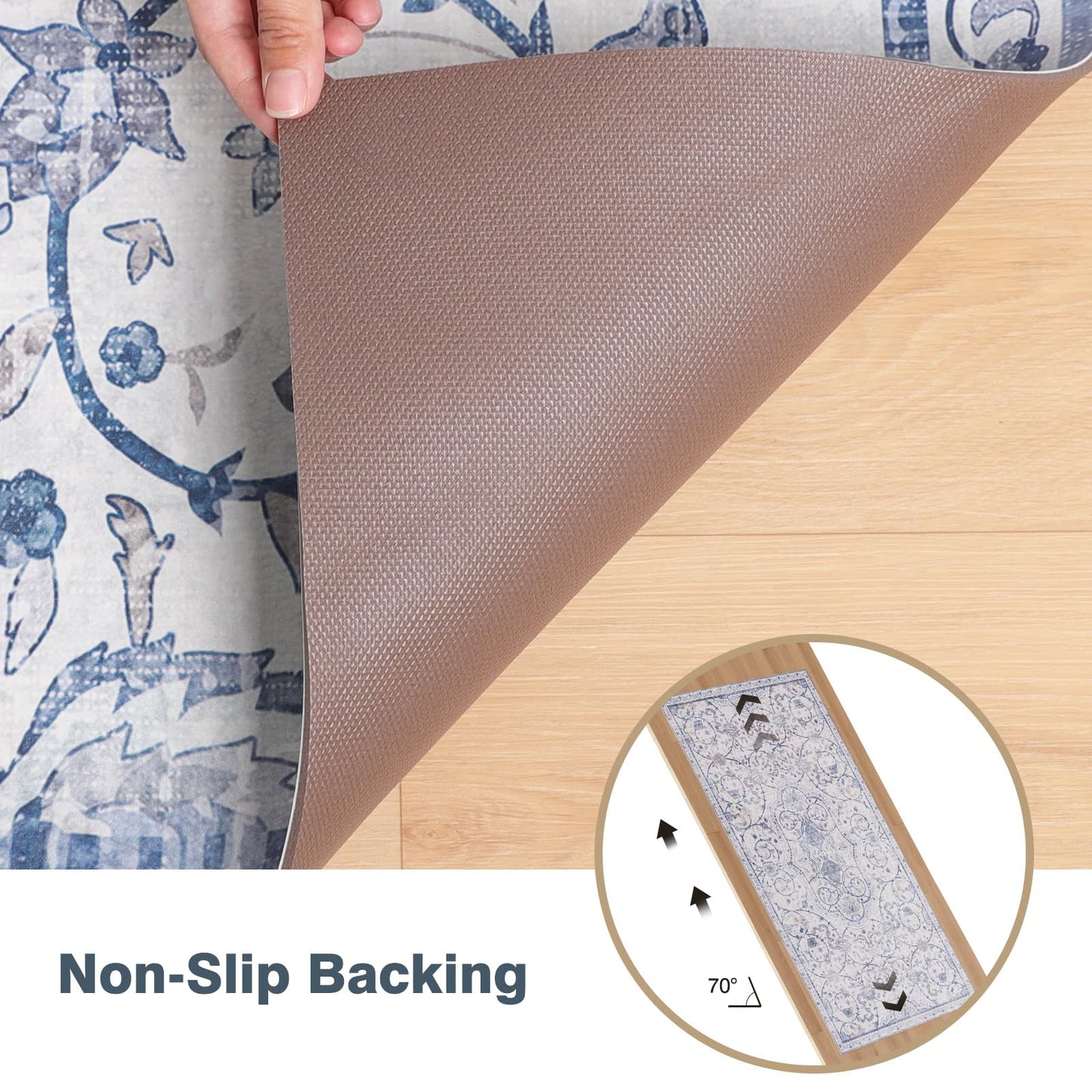 2'×5' Blue Floral Vinyl Runner Rug, Non-Slip Floor Mat for Hallway, Kitchen, Entryway, Waterproof&Stain-Resistant Vinyl Floor Mat, Easy Clean Plastic Floor Protector for High Traffic Areas, Runners