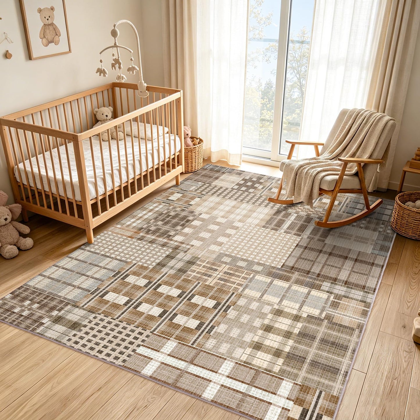 Rezutan Washable Rug 4x6 Plaid Rugs for Bedroom Non-Slip Neutral Floor Mat Indoor Soft Carpet Low Pile Foldable Thin Rugs for Living Room Dining Nursery Office, Caramel Beige Brown Gray