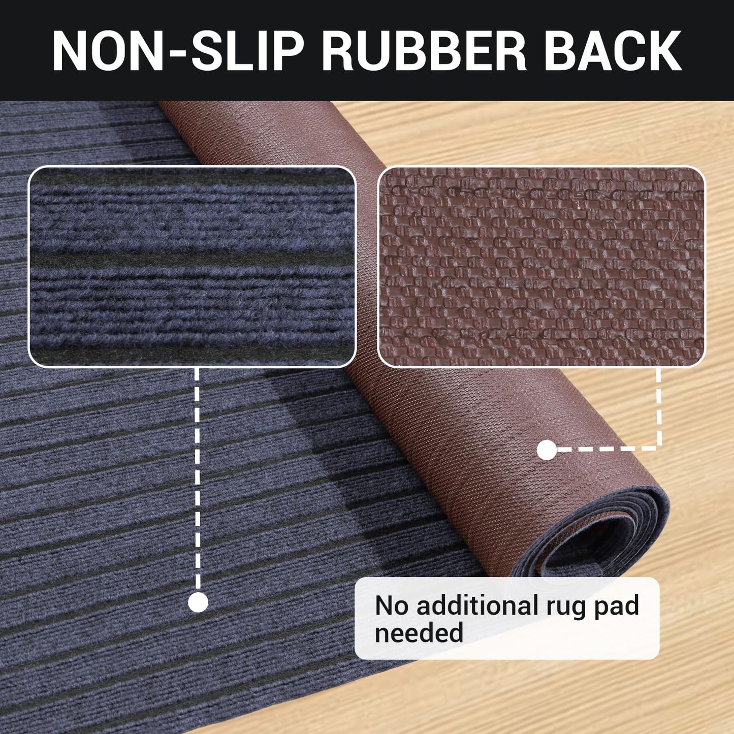 Stripe Runner Rug 2 x 6 ft Indoor Outdoor, Gray Non Slip Rubber Backing, Waterproof Low Profile Area Runner for Hallway, Entryway, Kitchen, Patio, Garage, Stairs & Laundry