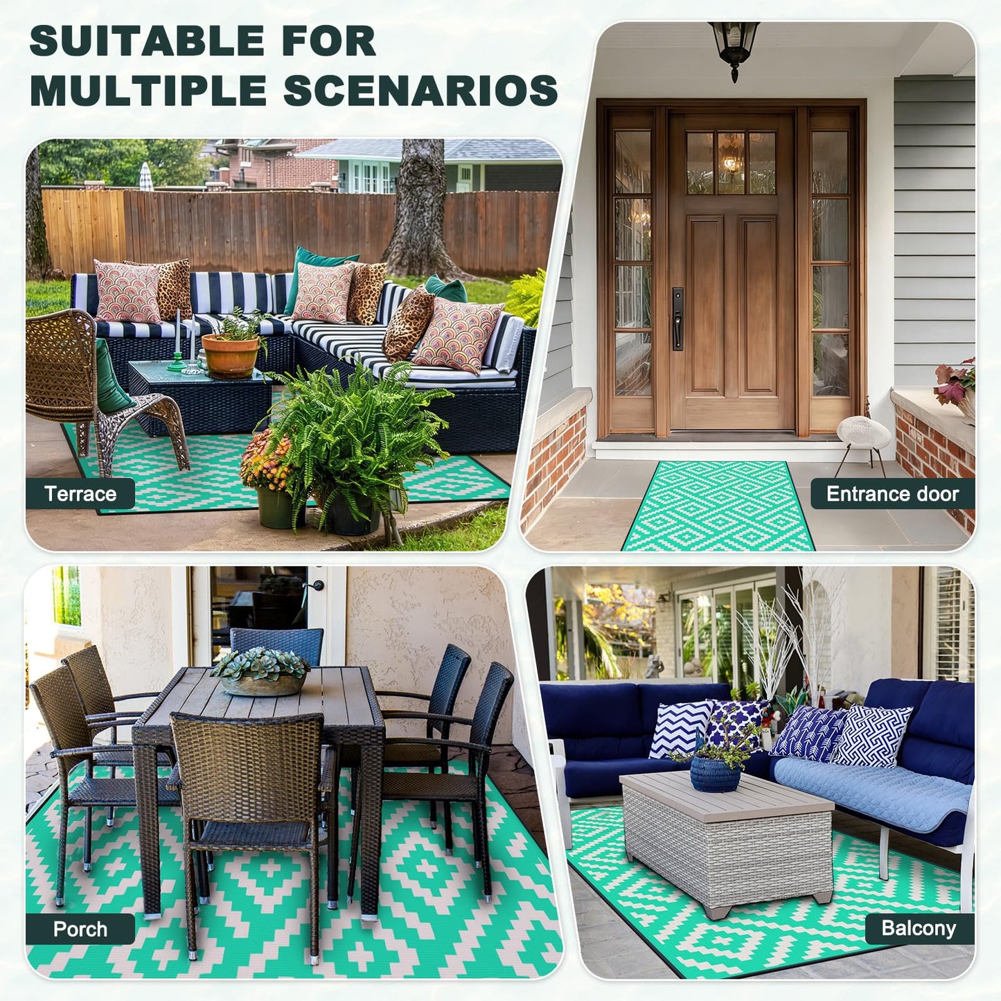 M METERXITY 1-Pack Outdoor Rug, 4.6' x 2.3' Area Rug Polyester Outside Carpet Non-Shedding Geometric Carpet for Patio/Porch/Lawn/Living Room/Balcony/Garden/Camping [Green/White]