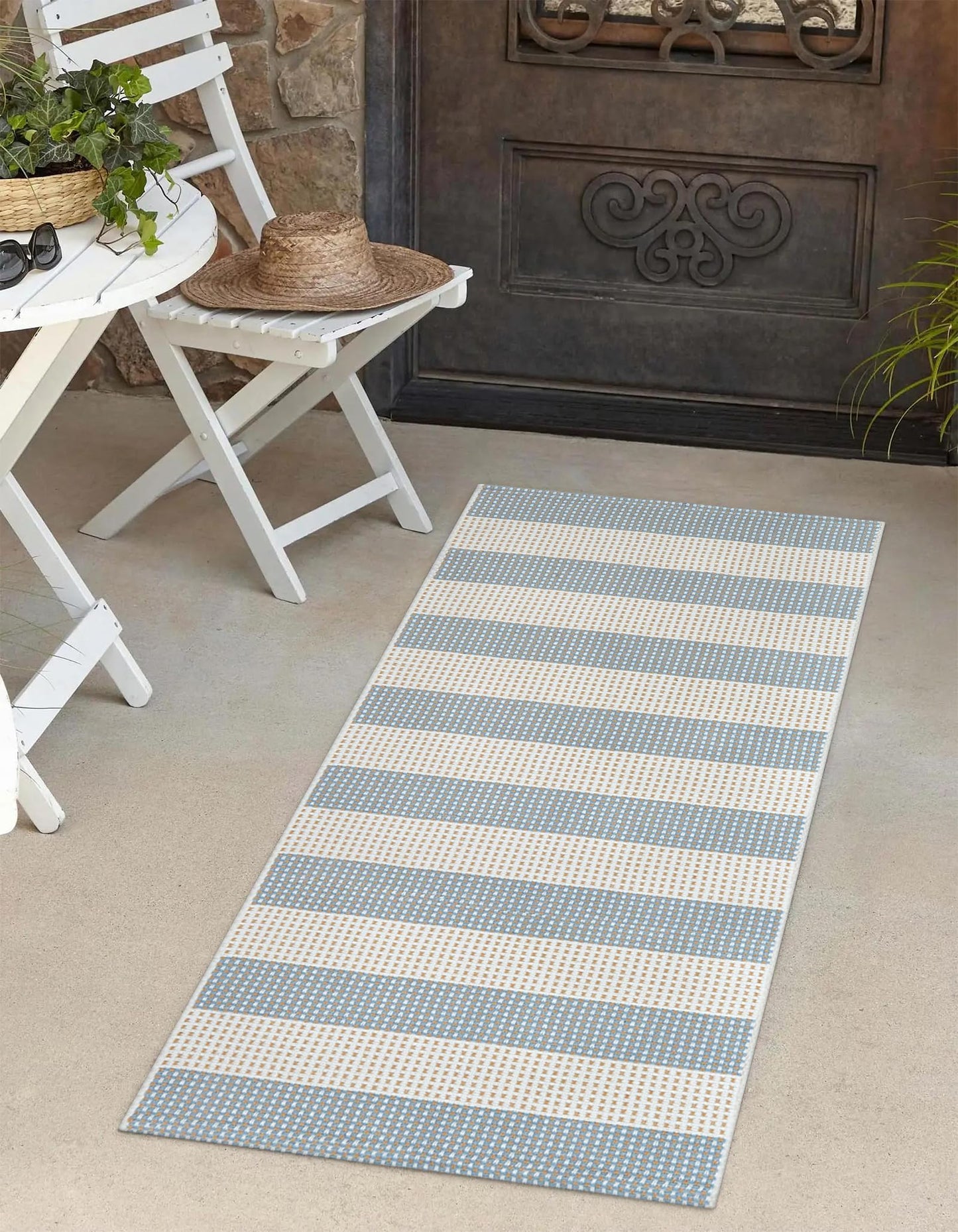 LEEVAN Outdoor Porch Rug 2x4.3, Washable Front Door Mat, Welcome Mat Outside Entrance, Blue White and Tan Striped Outdoor Entryway Rug, Farmhouse Buffalo Plaid Porch Layered Doormats Entry