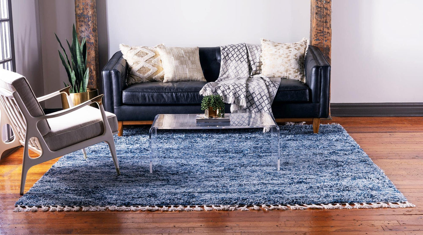 Rugs.com Athena Shag Collection Rug – 8' Square Blue Shag Rug Perfect for Living Rooms, Kitchens, Entryways
