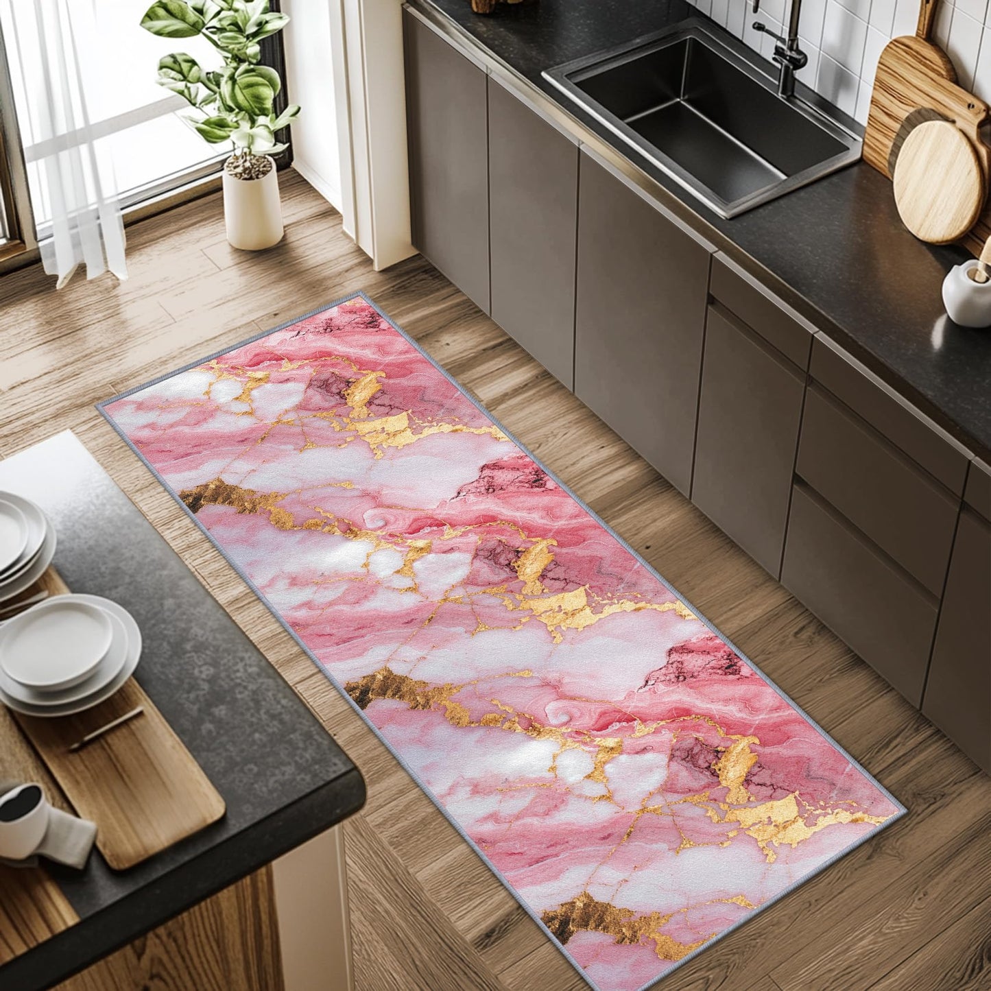 Yoozitrees Marble Runner Rug, 2x6ft, Pink White and Gold Runners for Hallways, Abstract Modern Luxury Runner Rug Non Slip Soft Home Decor