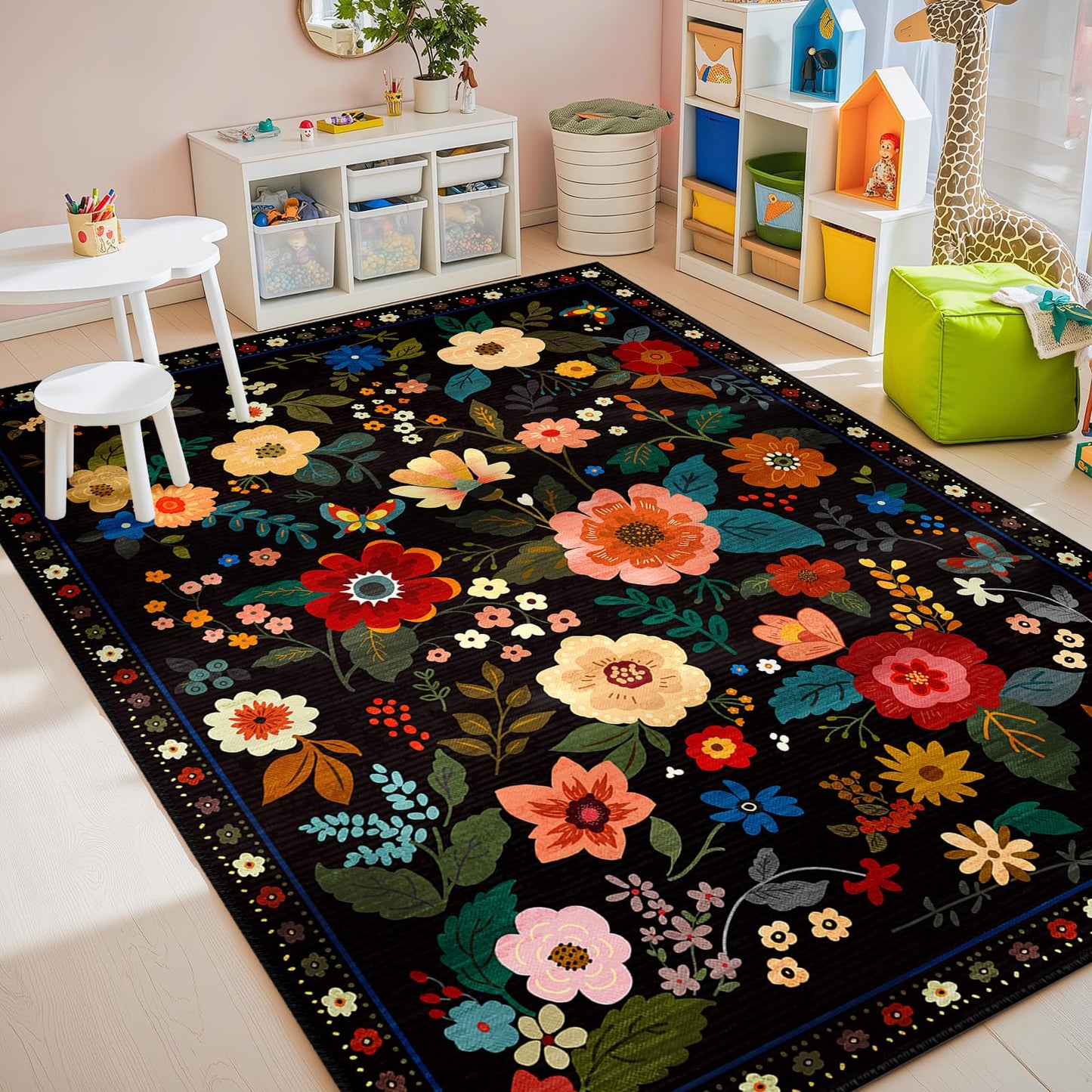 RELEANY Floral 5x7 Area Rugs Washable Print Boho Cute Carpet Non Slip Flower Low Pile for Living Room Bedroom Kitchen Office Farmhouse-Black