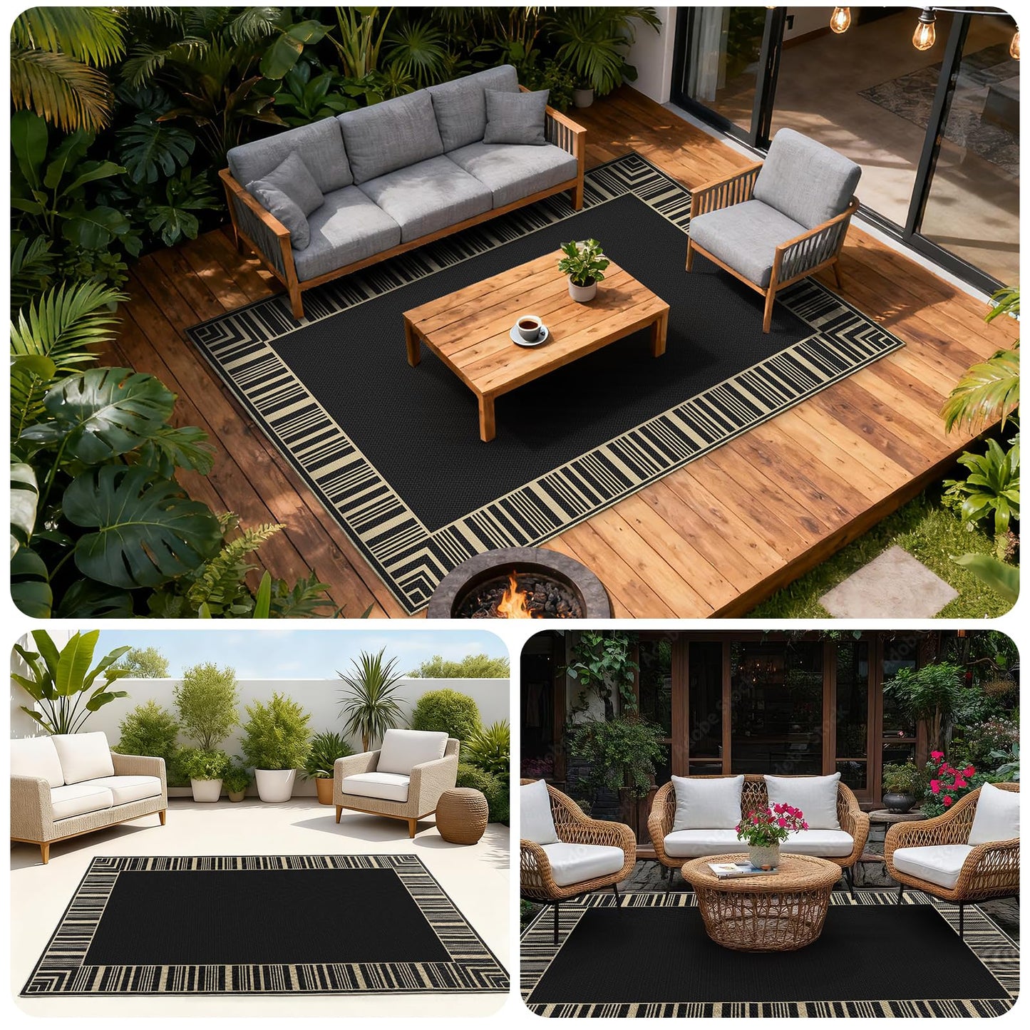 GarveeHome Striped Border Outdoor Rug 5x7 Area Rugs, Washable Rugs for Living Room Non Slip, Farmhouse Neutral Patio Carpet for Backyard Dining Room Balcony,Black
