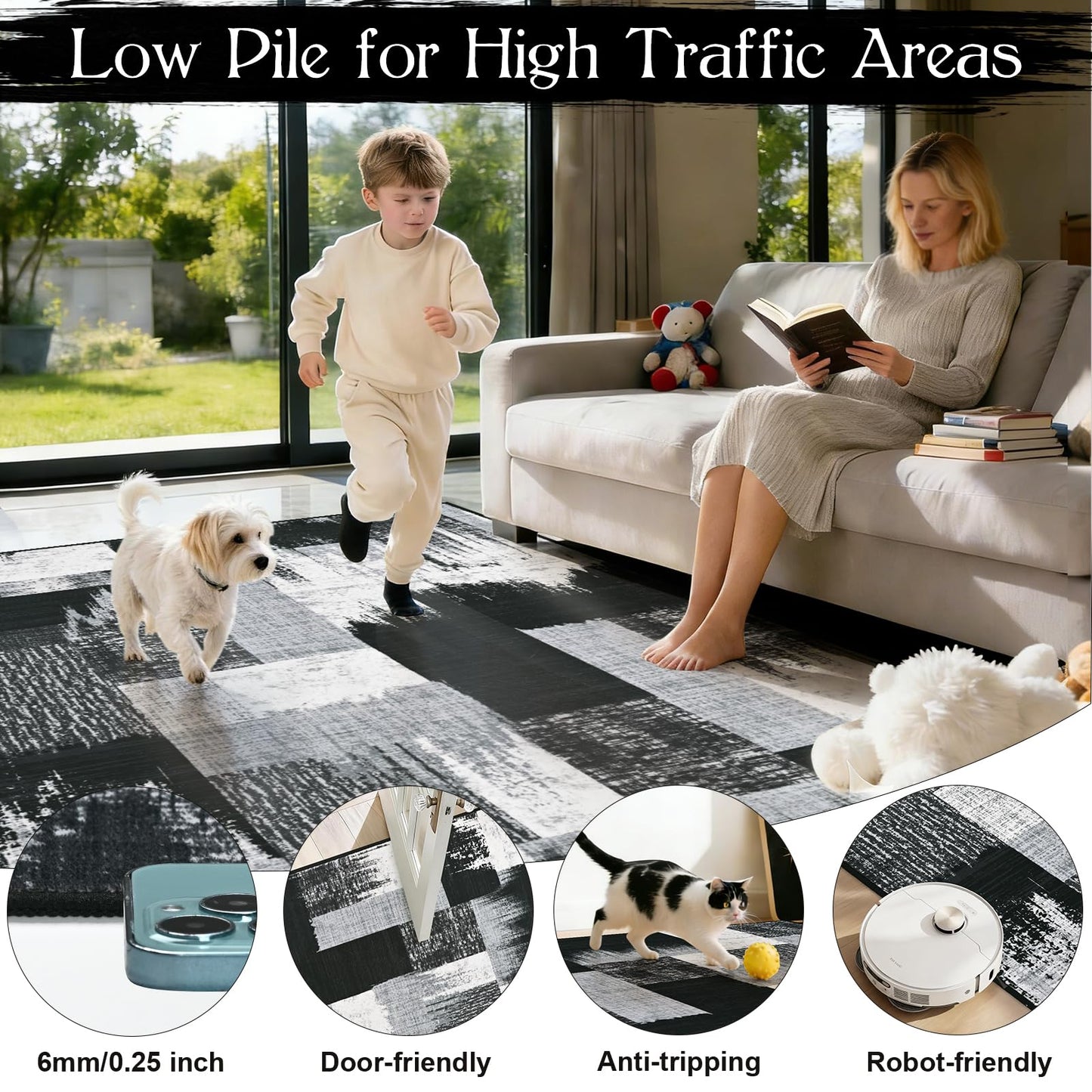 Yinhua Modern Geometric 4x6 Rug, Patchwork Grey Rugs for Living Room Washable Abstract Area Rug Non Slip, Soft Bedroom Rugs Stain Resistant, Mid Century Low Pile Carpet for Dining Room, Office