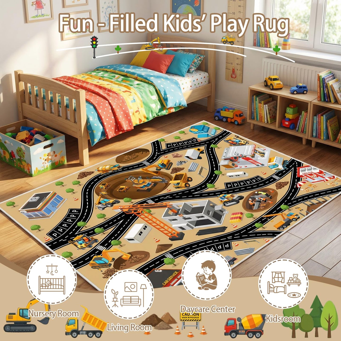 5x7 Ft Construction Site Car Rug Play Mat, Faux Wool Kids Rugs Engineering Car Playmat for Children Toddler, Non Slip City Road Trucks Rug Washable Carpet for Boy Playroom Bedroom Nursery