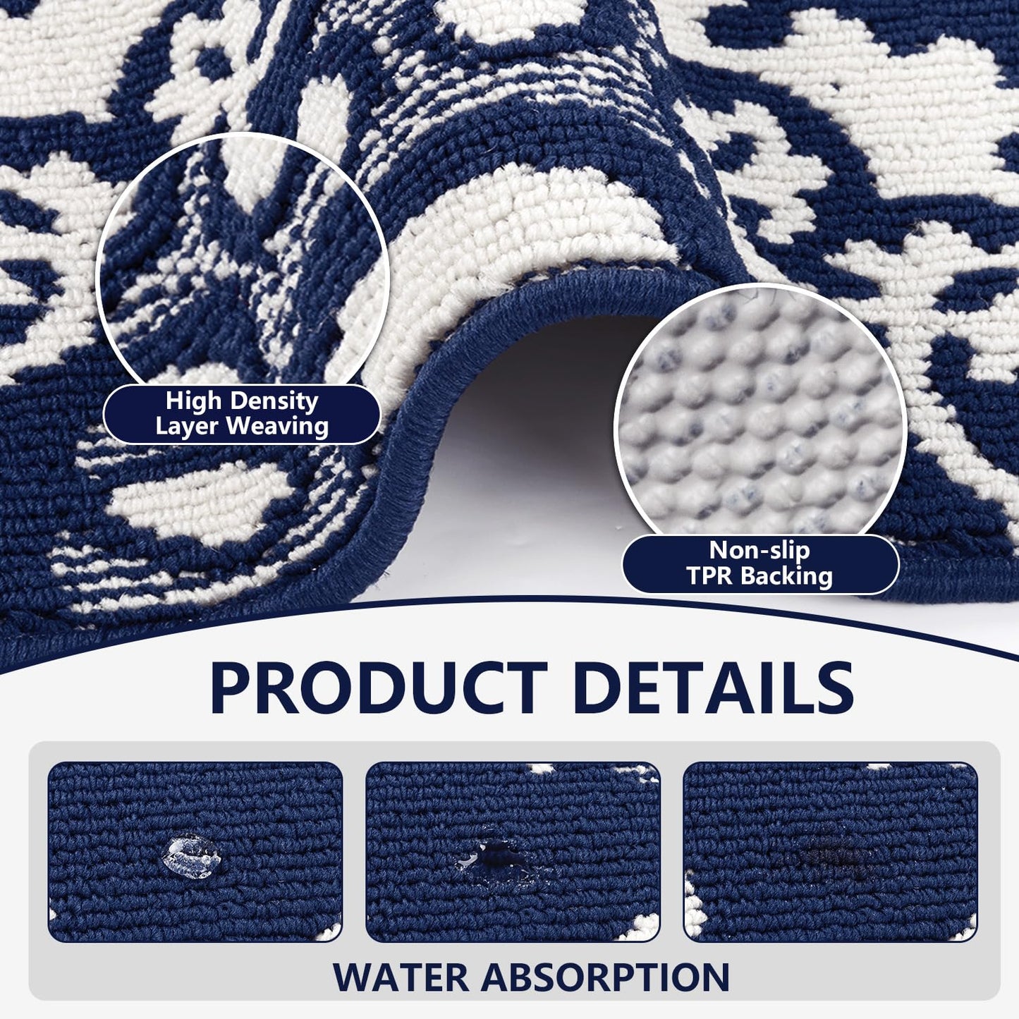 Yamaziot Washable Kitchen Rug Sets of 3, Non Slip Kitchen Mats High-Low Textured Kitchen Runner Rugs Stain Resistant Absorbent Floor Carpet for Hallway, Laundry, Sink (Navy Blue, 2x3+2x4+2x5ft)