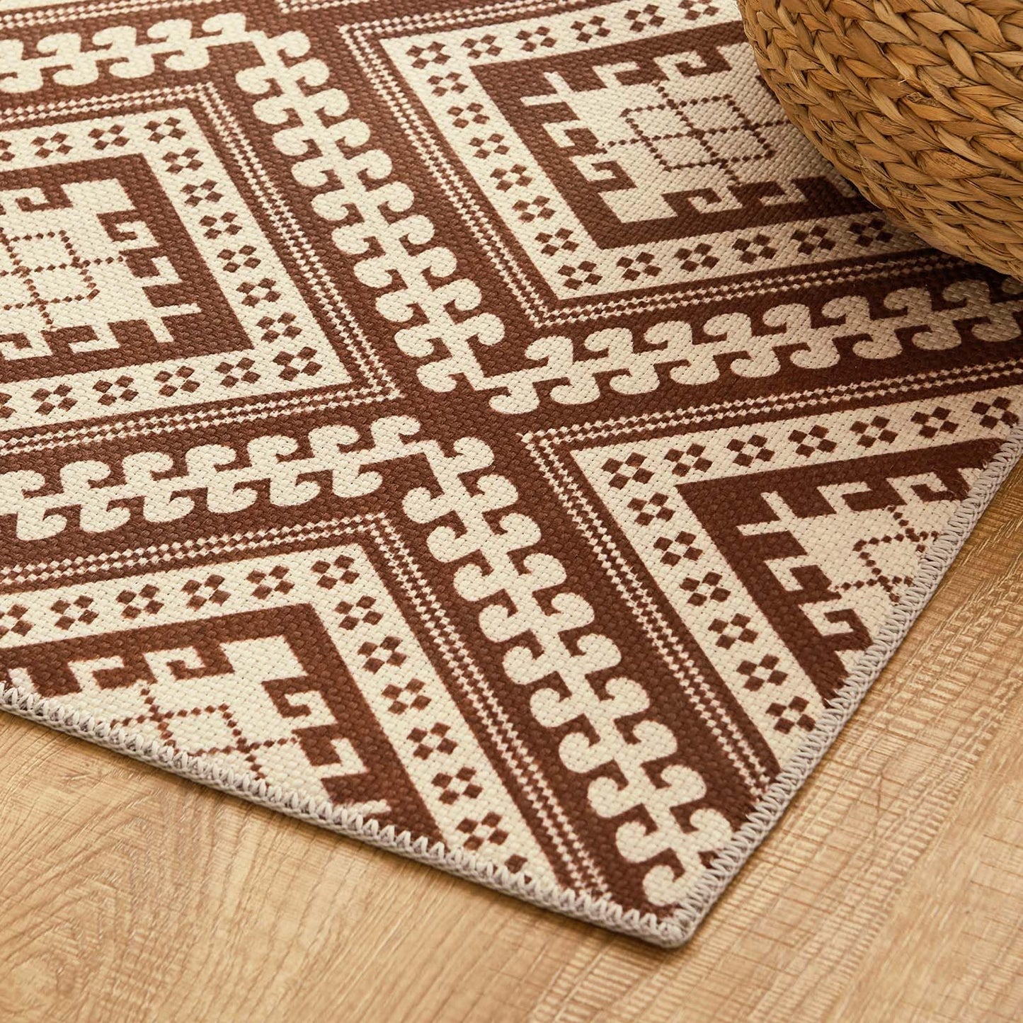 jinchan 5x7 Washable Faux Jute Area Rug, Geometric Diamond Natural Fiber Look Carpet, Vintage Tile-Inspired Low-Pile Non-Slip Large Outdoor Rug for Living Room Dining Room Bedroom, Terracotta Brown