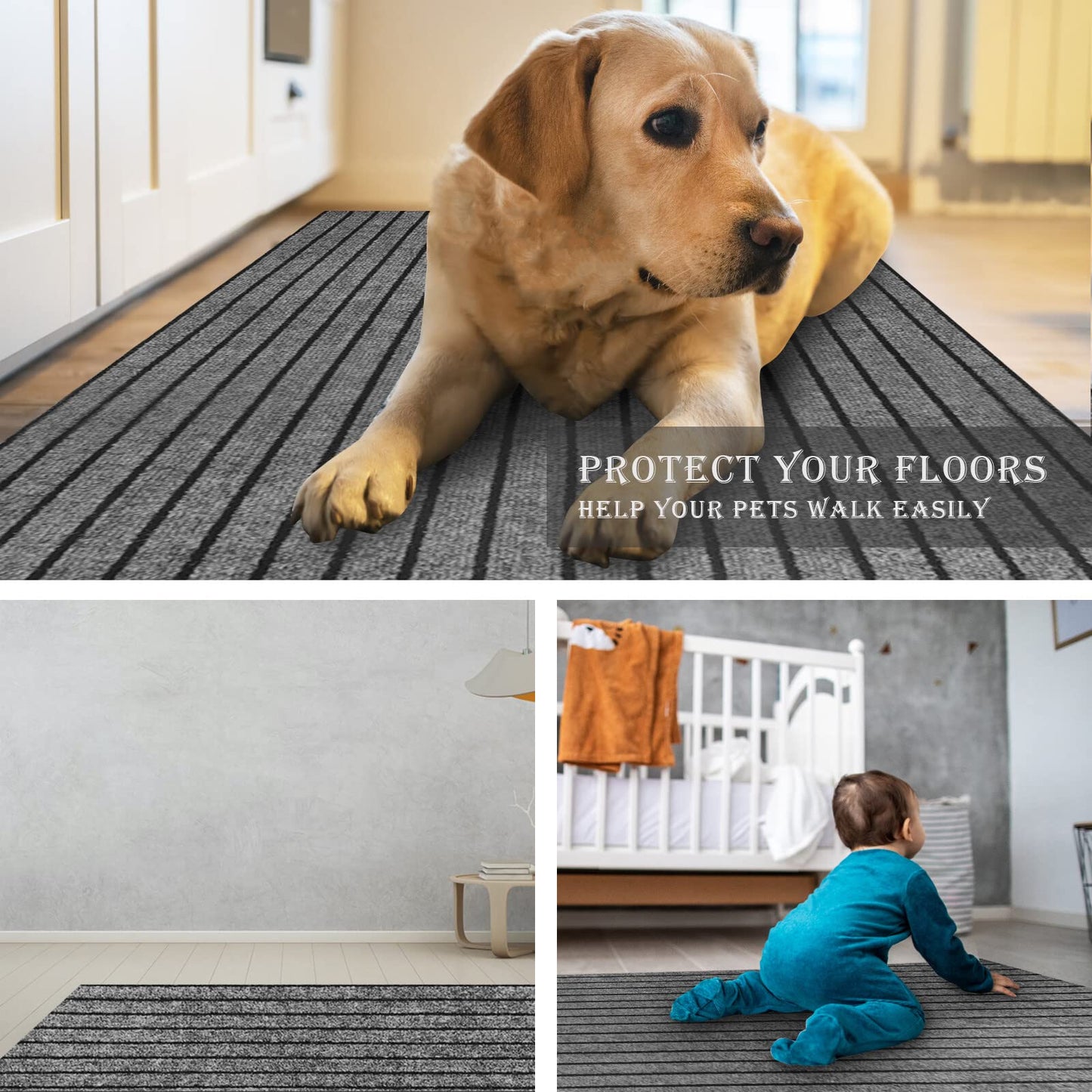 AYOHA Runner Rug 2' x 6' Indoor/Outdoor Carpet for Hallway Kitchen Entryway Patio Lobby Garage Deck Area Rugs with Natural Non-Slip Rubber Backing, Gray/Black Strip (Available for Custom Sizes)