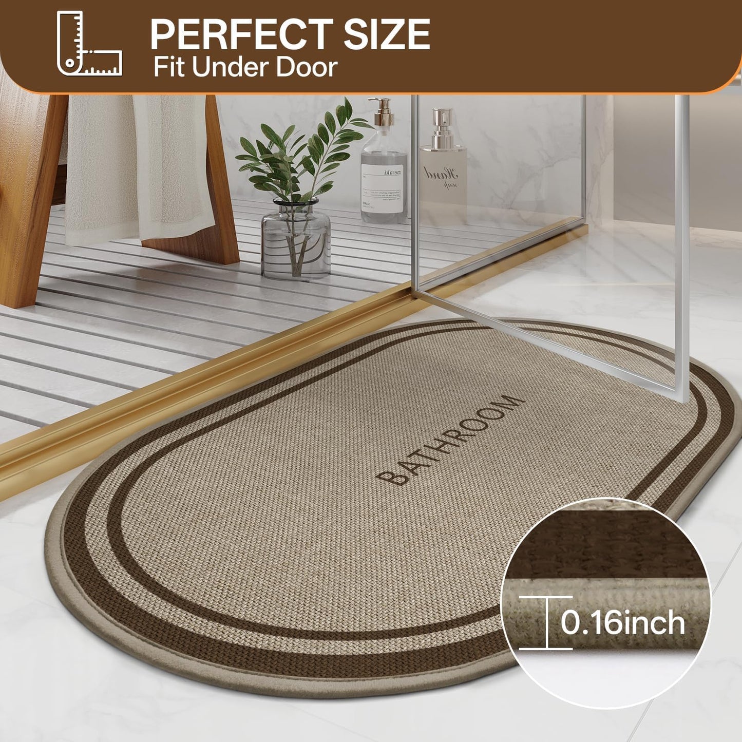 QiCaiJia Ultra Thin Oval Bath Mat Bathroom Rugs, Quick Dry Super Absorbent Washable Bath Shower Mats, Rubber Backing Non Slip Bathroom Rug Fit Under Door, 20x32, Border Brown