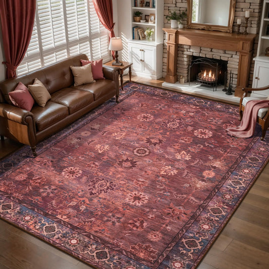 Tangsoo 5x8 Areas Rug for Living Room Non Slip, Washable Vintage Rust Red Floral Rug for Bedroom Laundry Office, Soft Low Pile Boho Oriental Area Rugs Large Indoor Carpet for Farmhouse Dinning Room