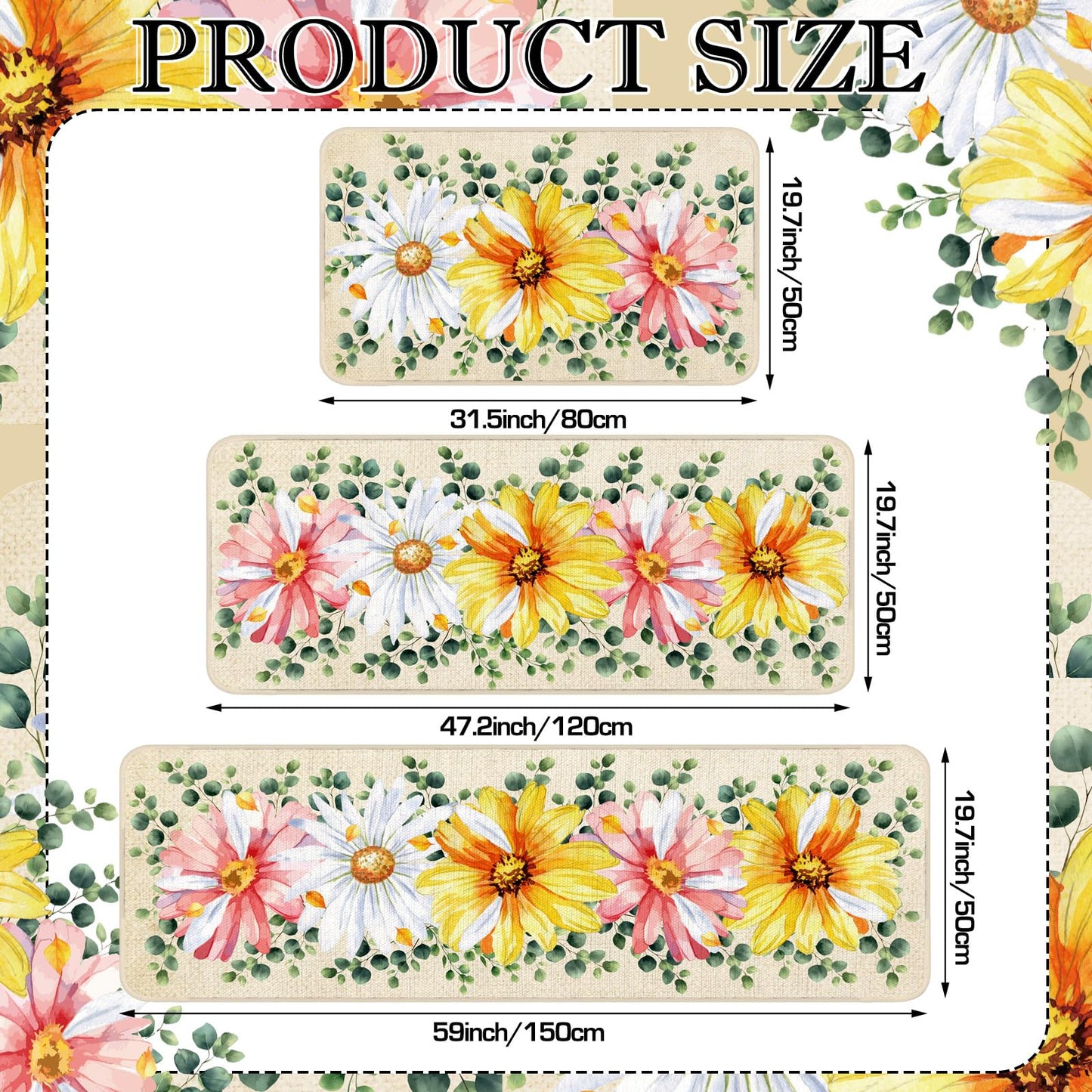 Bencailor 3 Pcs Spring Kitchen Rugs and Mats Set Daisy Non Slip Farmhouse Spring Cabin Mats for Floor Home Bathroom Decor