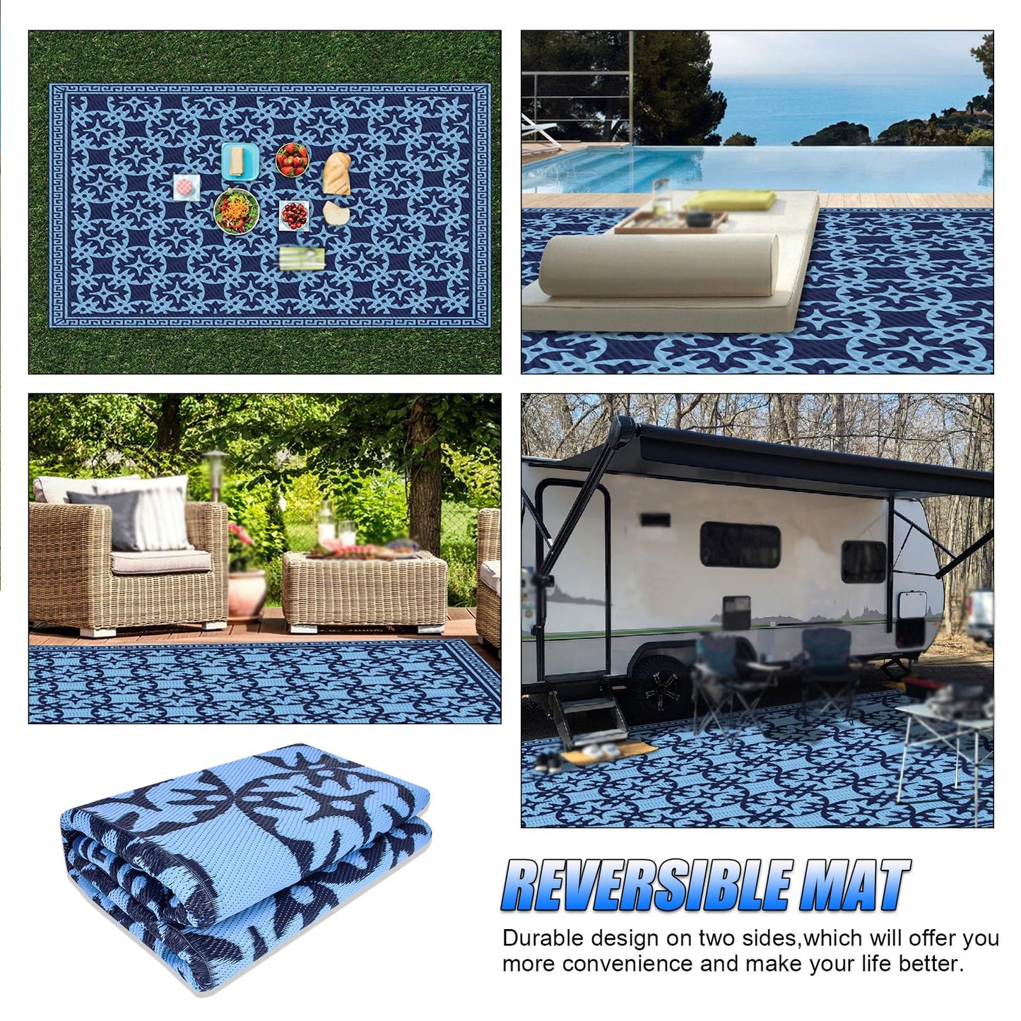 TIPHOPE 9X12FT RV Outdoor Rug with Carrying Bag, Portable Patio Mats Waterproof Outdoor Camping Rugs for Outdoor, Patio, RV, Picnic, Beach, Backyard, Deck,Easy Clean