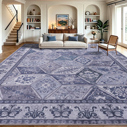 qulint Blue Vintage Washable Area Rug 8x10, Distressed Floral Patchwork Rug for Living Room Bedroom, Non Slip Low Pile Boho Carpet for Apartment Dining Room Classroom