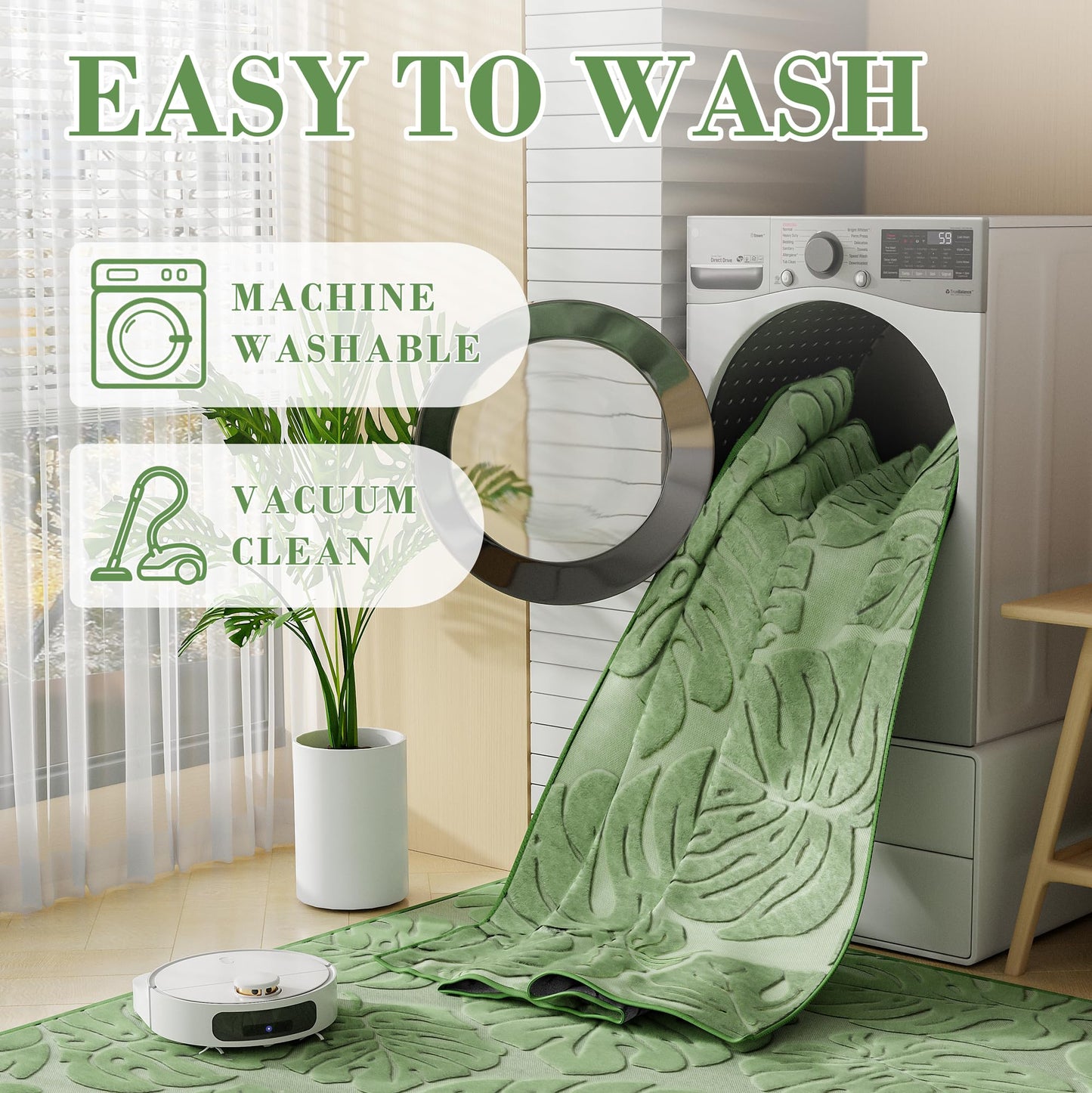 Sage Green Monstera Area Rug 5x7, High-Low Plush Pile Washable Rugs for Living Room Bedroom, Tropical Non Slip Nursery Carpet Soft Indoor Shag Rugs for Dining Room