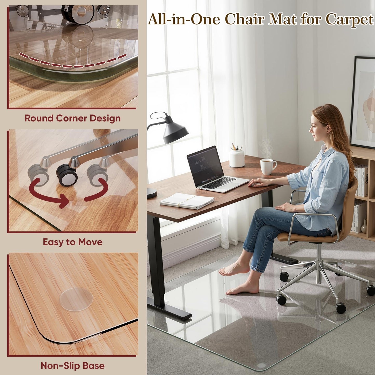 Homsion 36"x48" Tempered Glass Office Chair Mat for Carpet & Hardwood Floor, 1/5" Thick Clear Floor Protector Desk Chair Mat with Rounded and Polished Edges