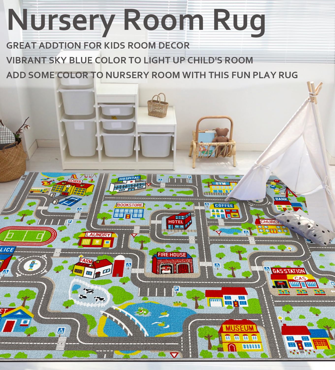Kids Carpet Playmat Rug 5'0''x6'6'', Kids Rugs for Bedroom, Non-Slip Town City Road Map Car Rugs for Kids Toy Cars, Track Carpet Play Rug for Playroom Classroom Decor (Sky Blue)
