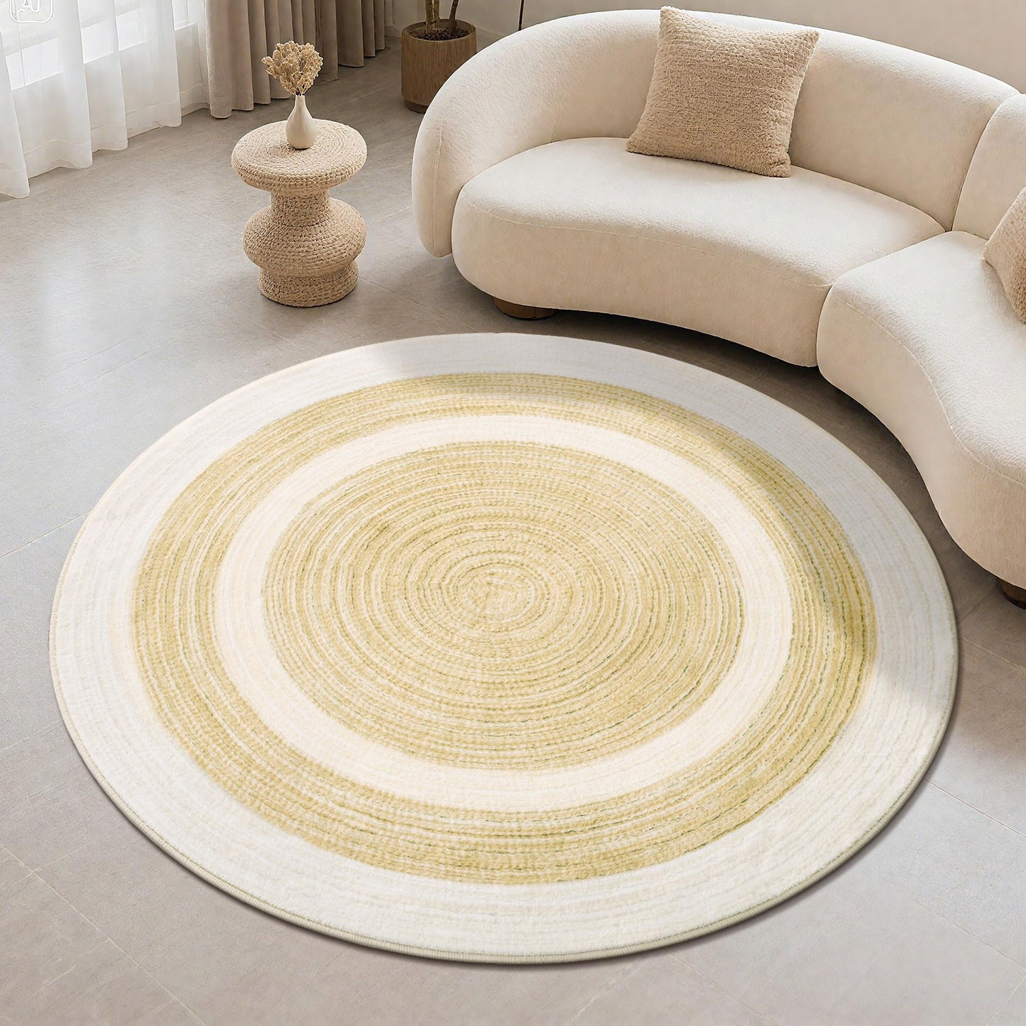 Carvapet Faux Jute Round Rug 5ft – Jute-Like Pattern Design Washable Low Pile Area Rug with Non-Slip Rubber Backing, Soft Natural Look Decorative Circle Carpet for Living Room