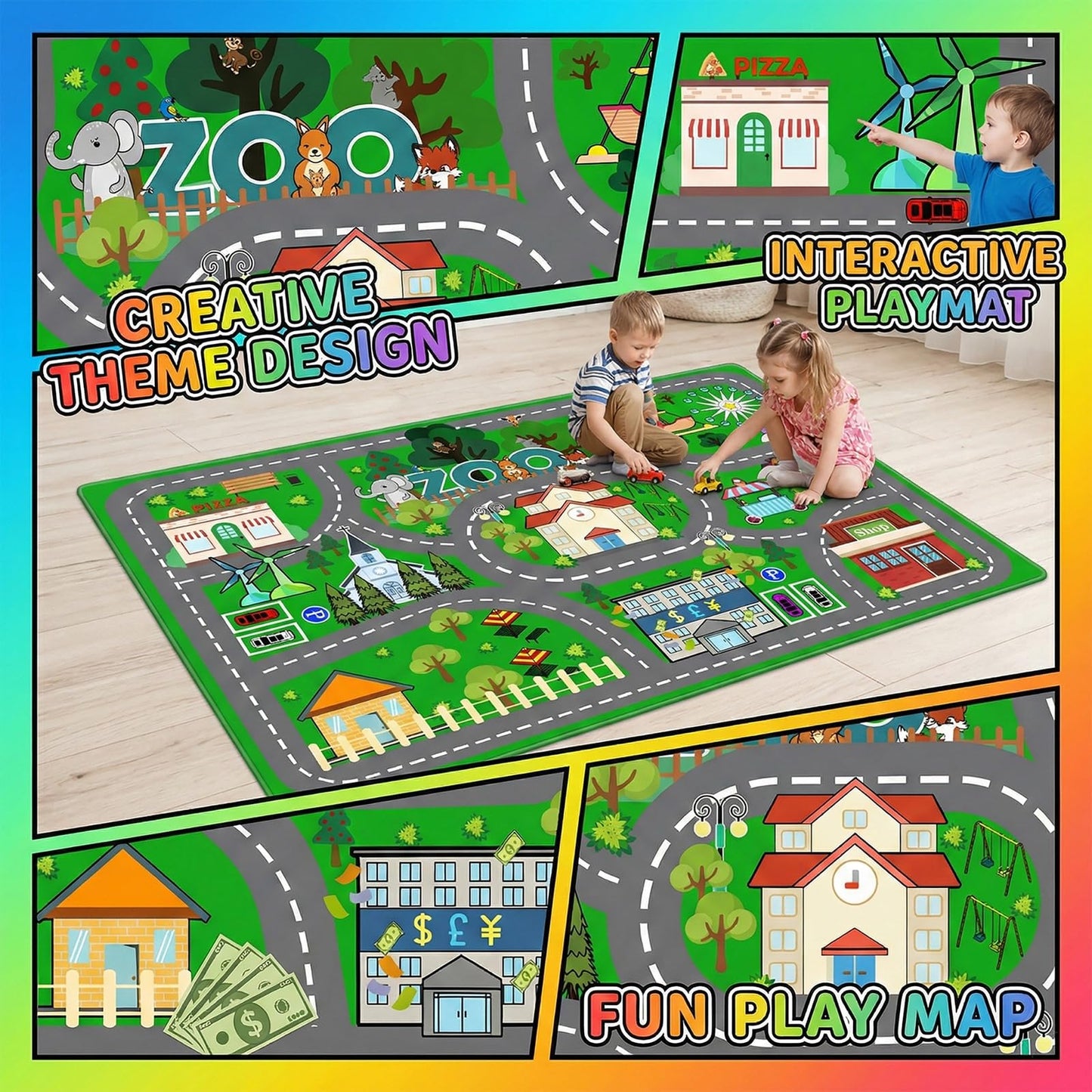 Car Rug Play Mat - Green Road Rug for Kids Boys Room, Fun Race Track Traffic Road Carpet for Boys Playmat Educational Learn, Car Carpet for Kids Room Decor Playmat Bedroom Playroom, 2.5x4 Feet