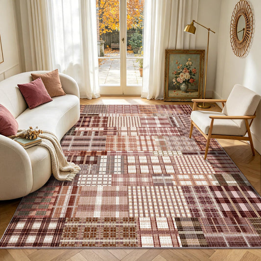 Rezutan Modern Geometric Plaid Patchwork Indoor Area Rug for Living Room, Red 6x9 Ft Large Rug Hardwood Floors Home Decor for Bedroom, Throw Carpet for Entryway Office Dining Room