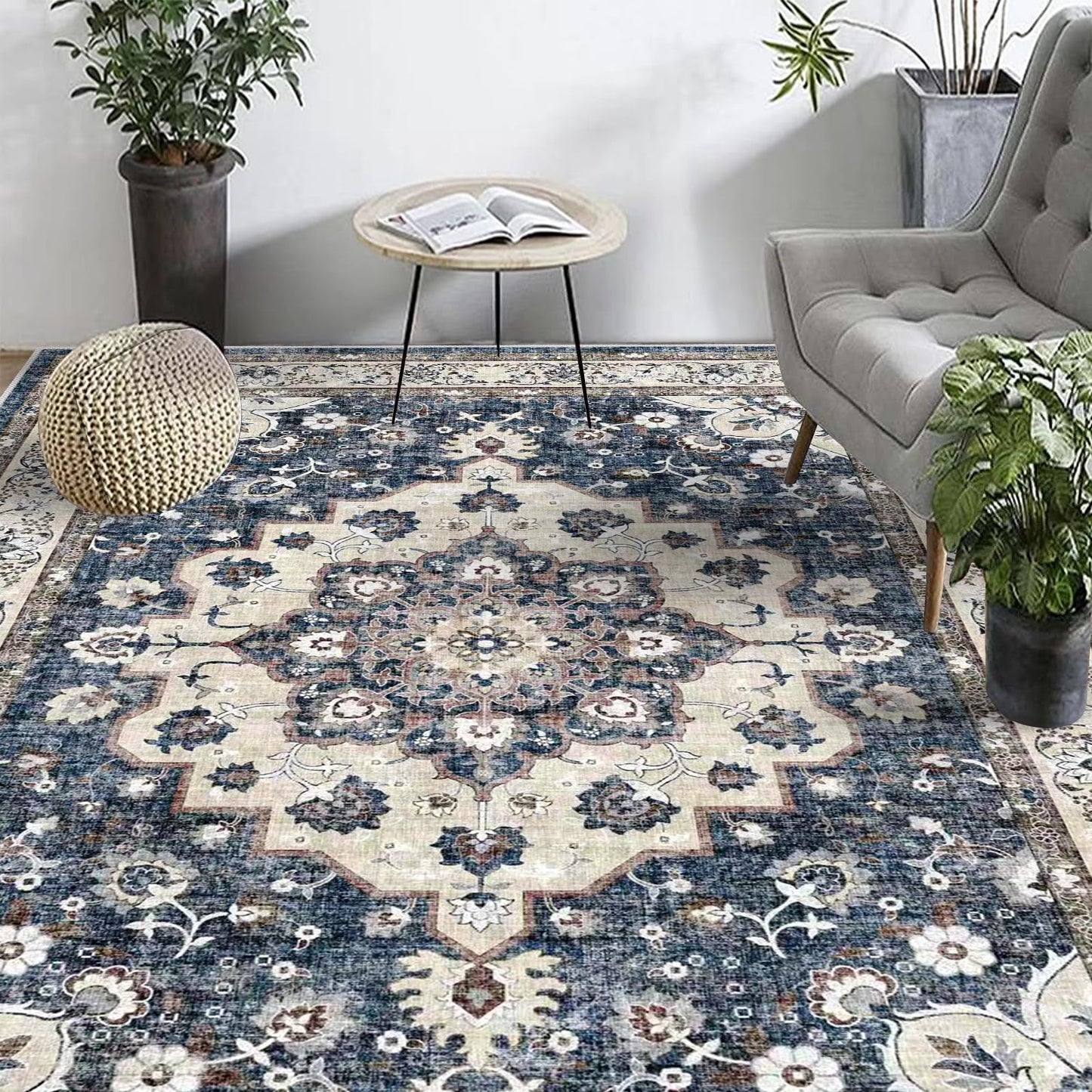 Washable 5x7 Living Room Rug: Waterproof Stain Resistant Medallion Soft Bedroom Rugs Distressed Design Non Shedding Carpet for Floor Coverings (5x7 Blue)