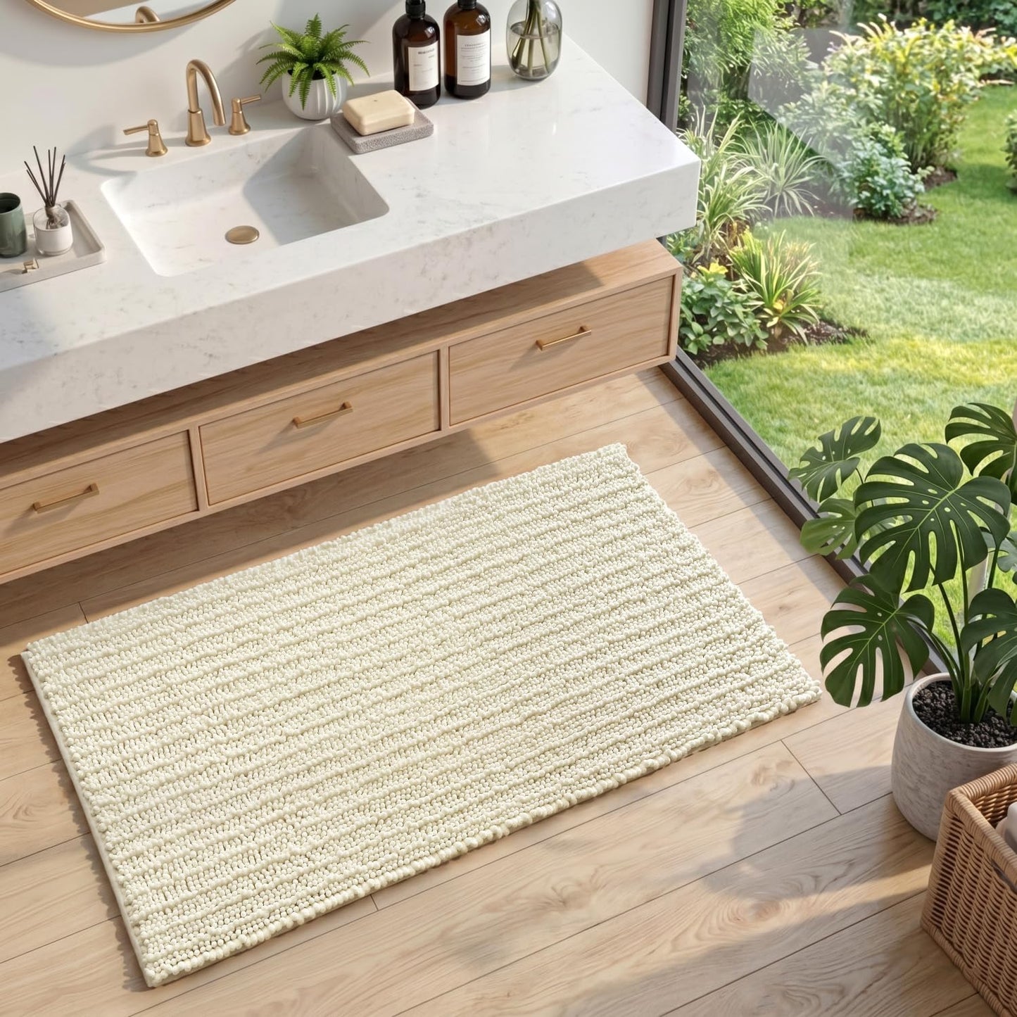 DEXI Bathroom Rugs 24x16, Super Soft Thick Chenille Absorbent Bath Mat, Non Slip Machine Washable Fluffy Shag Bathmat for Tub, Shower Floor, Ivory