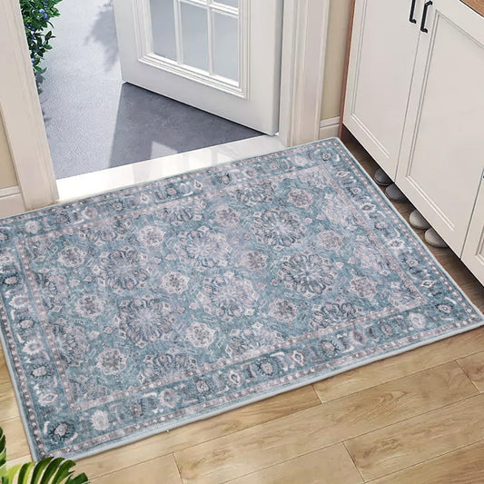 SERISSA Vintage Floral Rugs for Entryway, 2x3 Blue Grey Entryway Rug Non-Slip Washable Small Area Rug, Ultra Soft Boho Low-Pile Indoor Door Mat Floor Carpet for Entrance Bedroom Kitchen Bathroom