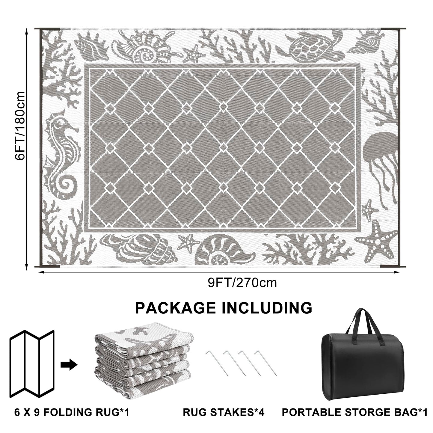 Vaukki Reversible Rugs, Plastic Straw Outdoor Doormat, Fade Resistant Plastic Outdoor Patio Mat, Lightweight Ocean Area Carpet for Patio, RV, Camping, Beach, Deck, Backyard and Picnic (Grey, 6'x9')