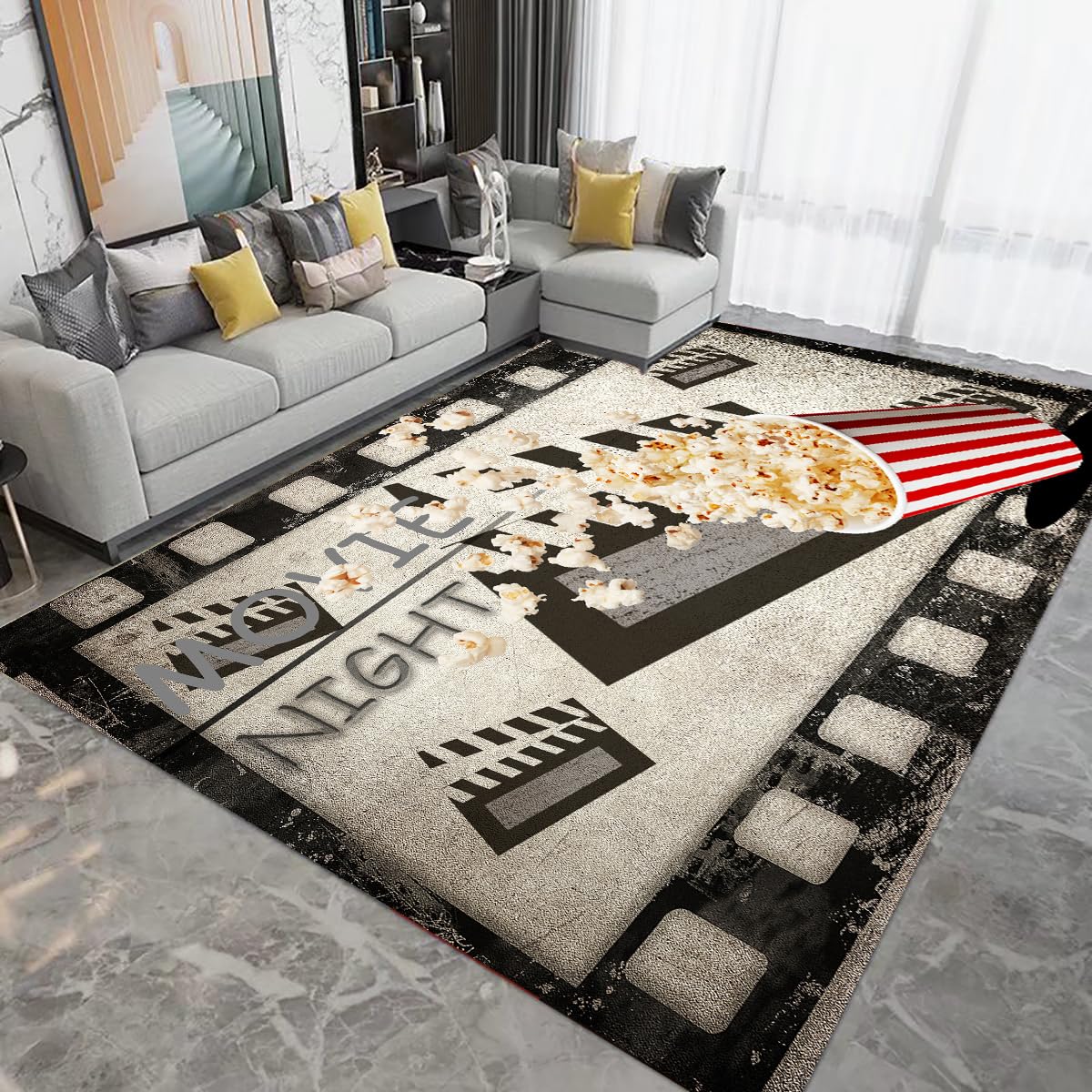 Movie Area Rug, 2x3ft Cinema Themed Rug, Indoor Entrance Non-Slip Mat, Kids Playroom Washable Carpet, Popcorn Clapboard Movie Night Carpet for Living Room Entertainment Home Theater Area