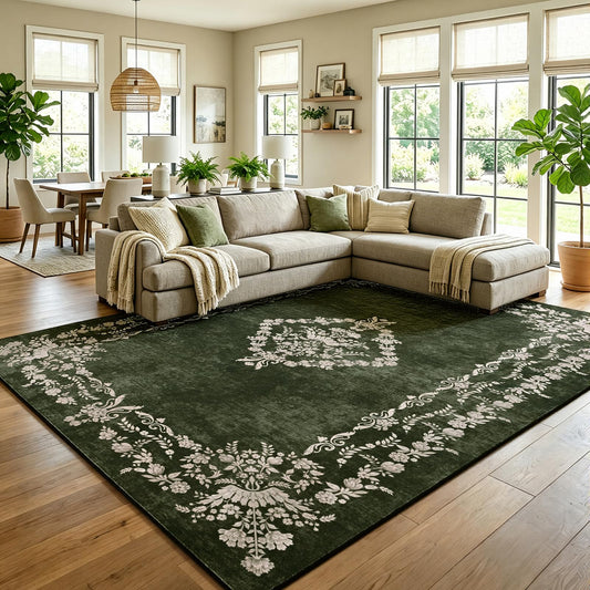 FlyDOIT 8x10 Large Area Rugs for Living Room, Green Washable Floral Vintage Boho Rug Non-Slip Soft Low Pile Throw Carpets for Bedroom Dining Room Entryway Indoor Nursery Home Decor