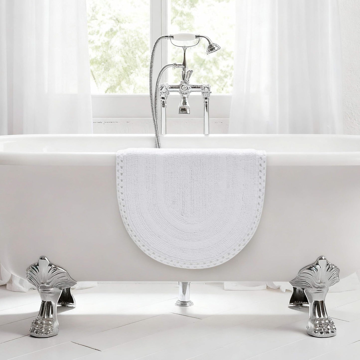 Laura Ashley Camilla 100% Cotton Oval Bath Mat with Crochet Border, Soft & Absorbent, Bright White 21" x 34" Bathroom Rug