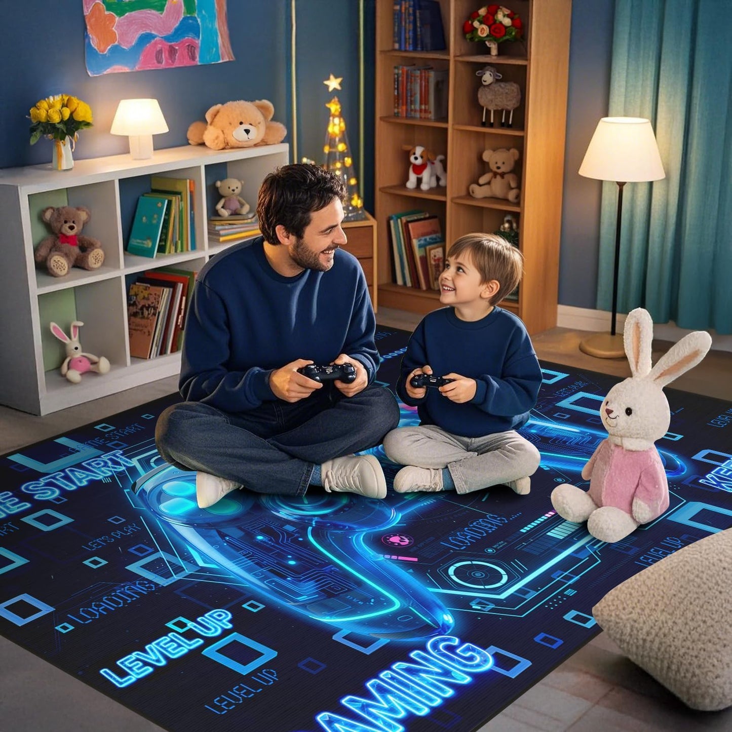 Gaming Rugs for Boys Bedroom - 3D Cyberpunk Blue Gamer Area Rug for Living Room,Teens Room, Kids Playroom, Gamer Rugs Gaming Room Non-Slip Floor Mat Video Games Area Carpets 71×47 Inches