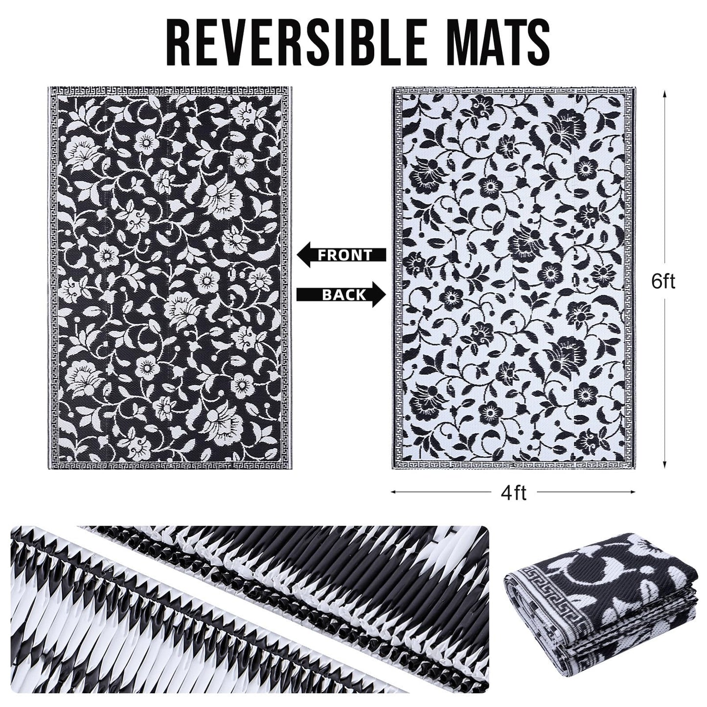 OLANLY Waterproof Outdoor Rug 4x6 ft, Outdoor Plastic Straw Rug with Flower Pattern, Reversible RV Mat for Patio, Camping, Balcony, Deck, Backyard, Black & White