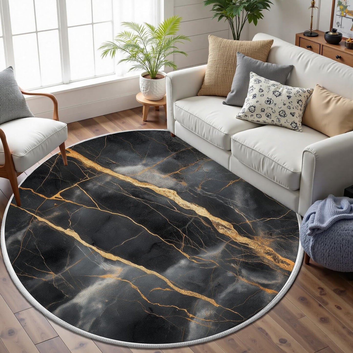 Aesthetic Marble Decor Round Area Rug 3ft, Modern Abstract Marble Pattern for Living Room, Bedroom, Dining Room, Room & Guest Room, Soft Machine Washable Floor Mat, Non-Slip Circular Carpet