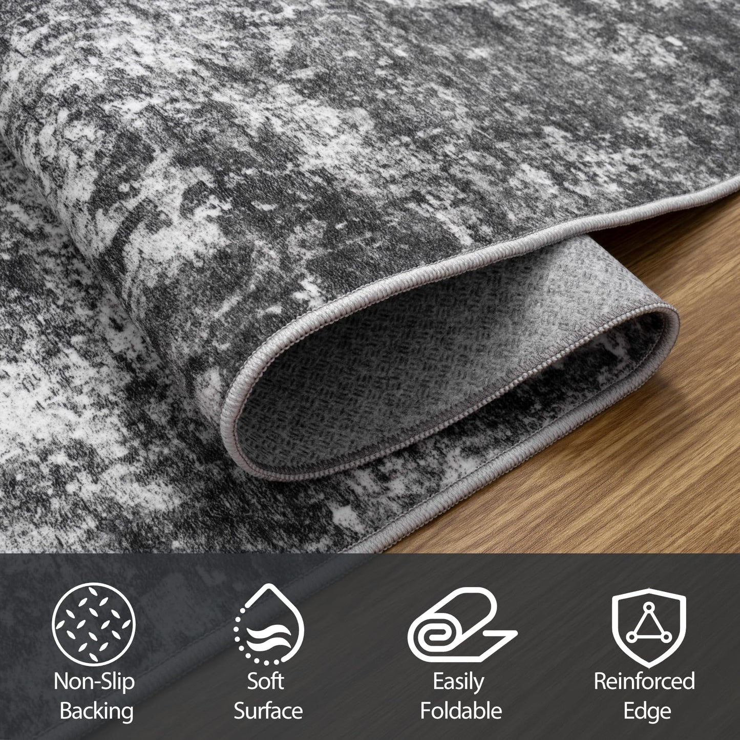 Round Rug 6ft Circle Rug Washable: Carpet Small Circular Area Rug for Entryway Kitchen Bedroom Dining Room Living Room 6 Feet Abstract College Dorm Non Slip Low Pile Black Grey