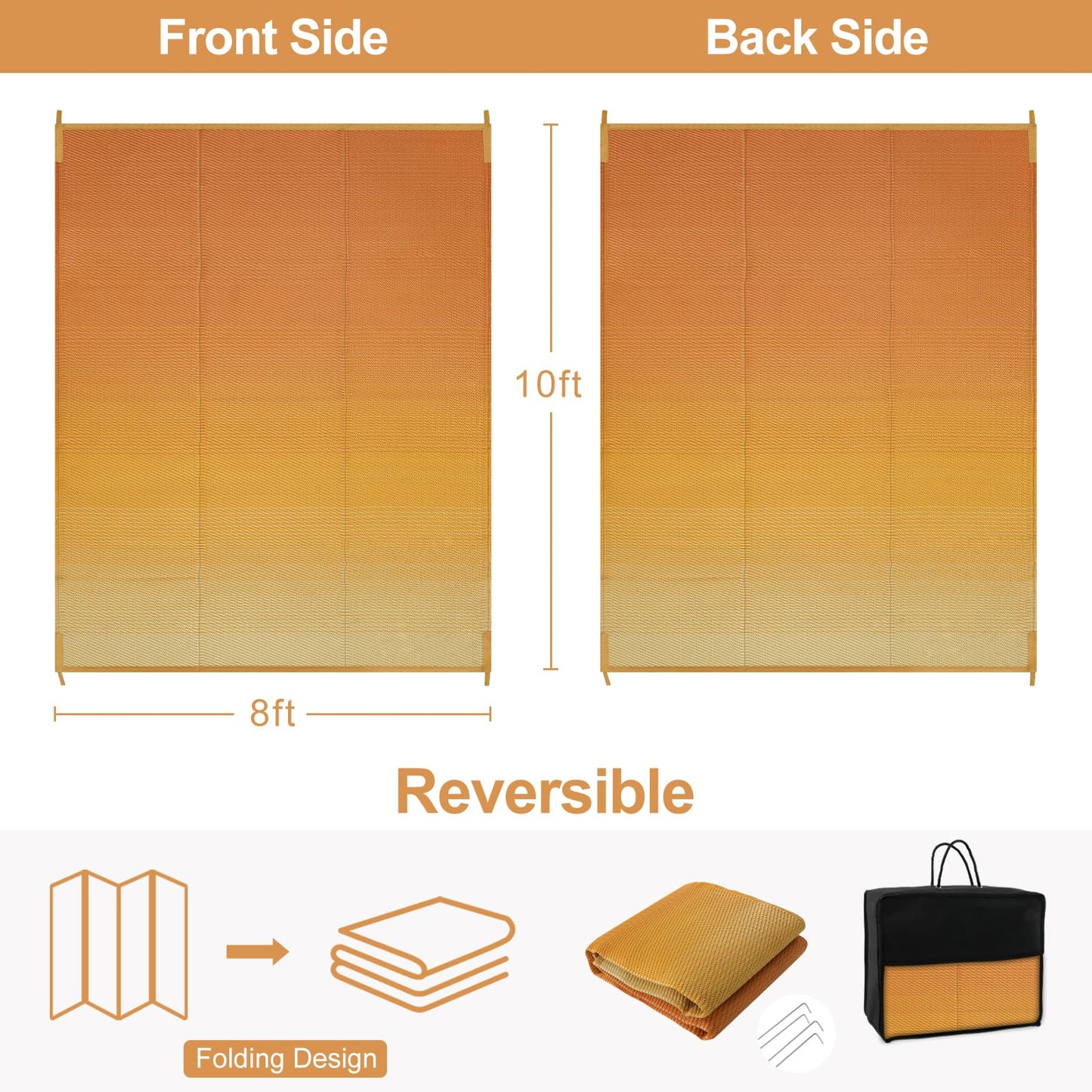 Lahome Waterproof RV Outdoor Rugs for Camping 8x10,Reversible Plastic Straw Rug Patio Rv Mats for Outside Under Awning,Portable Lightweight Carpet for Porch Backyard,Orange-Yellow 8x10