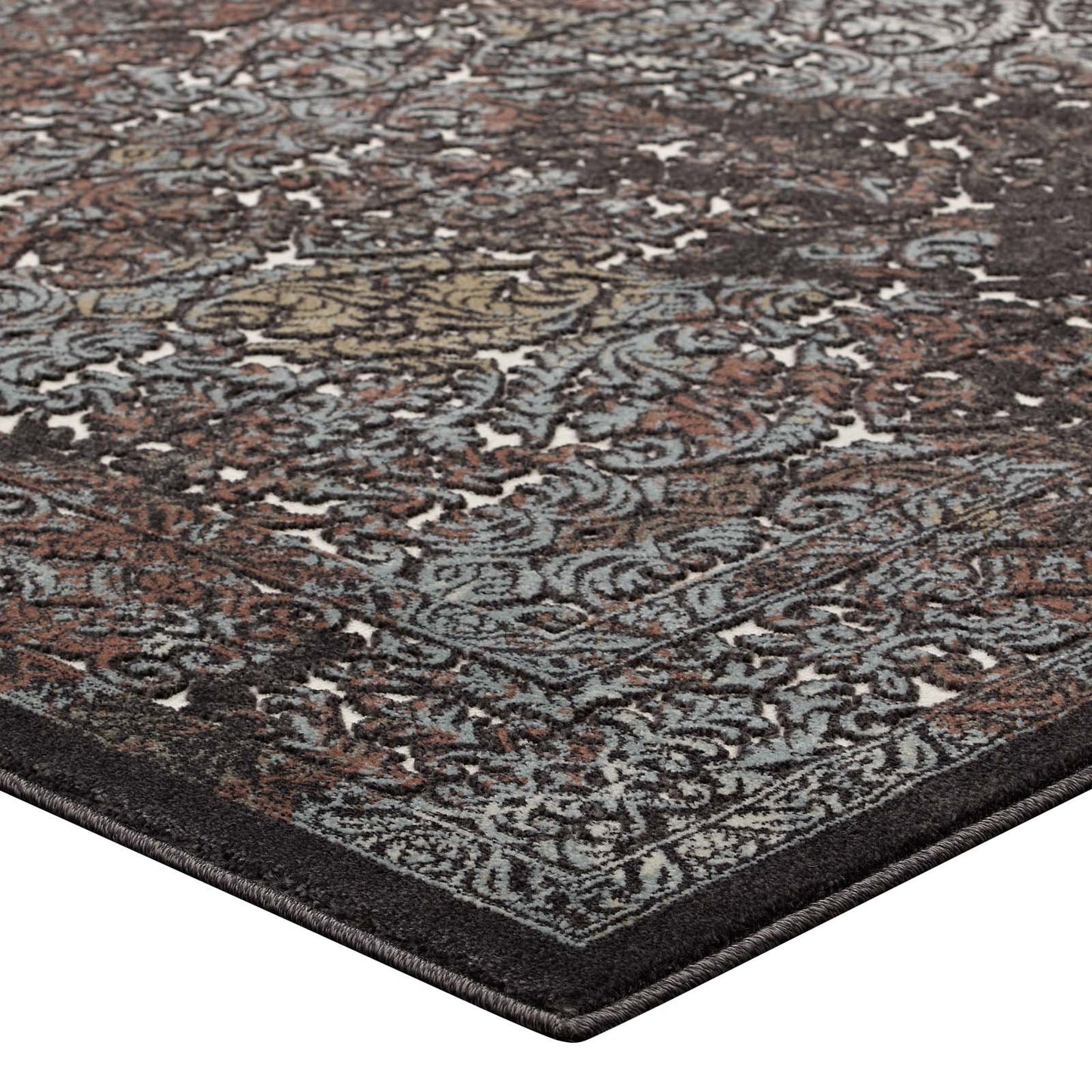 Modway Westia Ornate Turkish 5x8 Vintage Area Rug in Dark Brown and Silver Blue