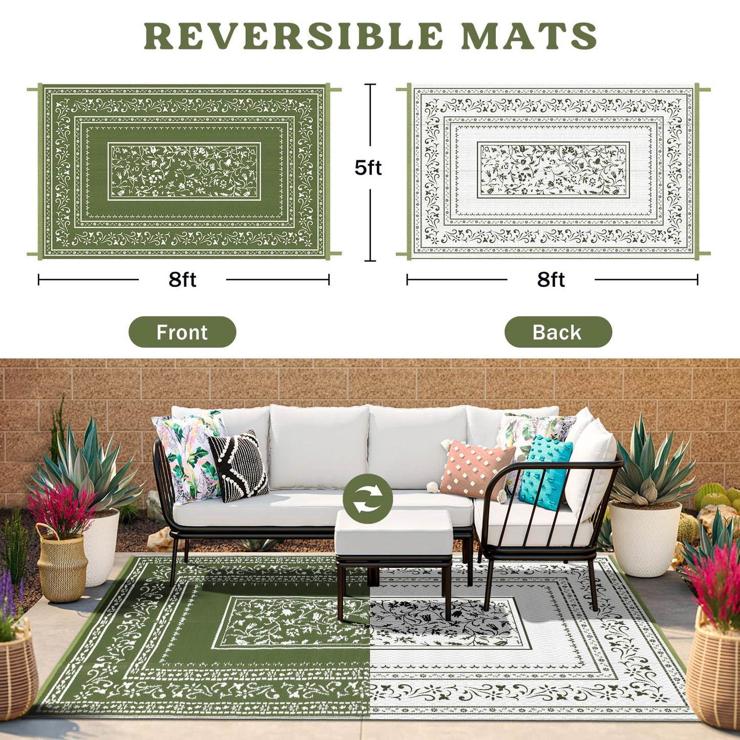 nesrt Patio Outdoor Rug 5x8 Ft Waterproof, Reversible Plastic Straw Floral Rugs for RV Camping Picnic, Portable Outside Balcony Carpet Mat for Deck Backyard Beach Porch (Dark Green)
