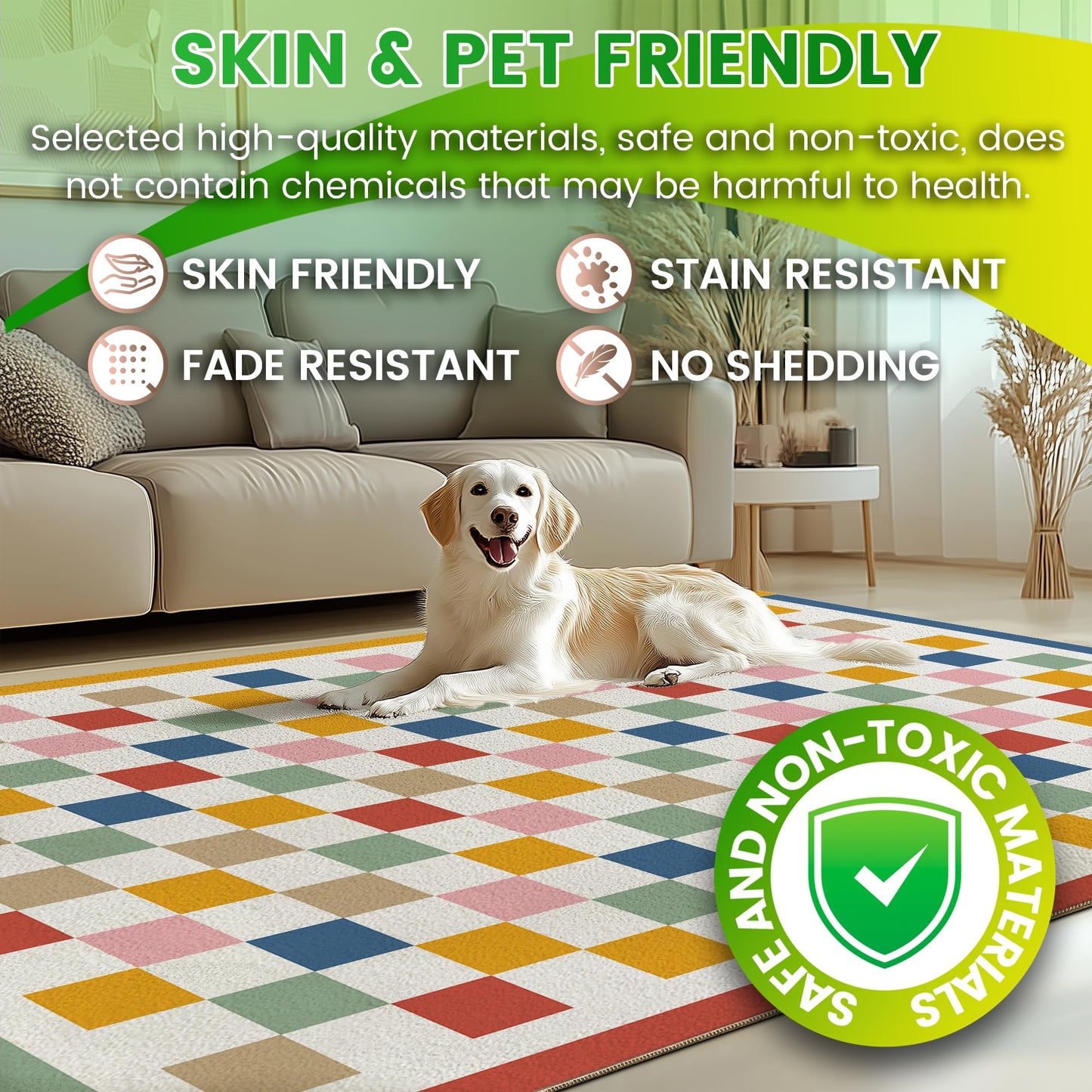 Washable 5x7 Checkered Area Rug for Living Room, Colorful Rainbow Checkerboard Modern Large Rugs, Faux Wool Low Pile Lightweight Indoor Carpet with Non-Slip Backing for Bedroom Kids Nursery Play Room