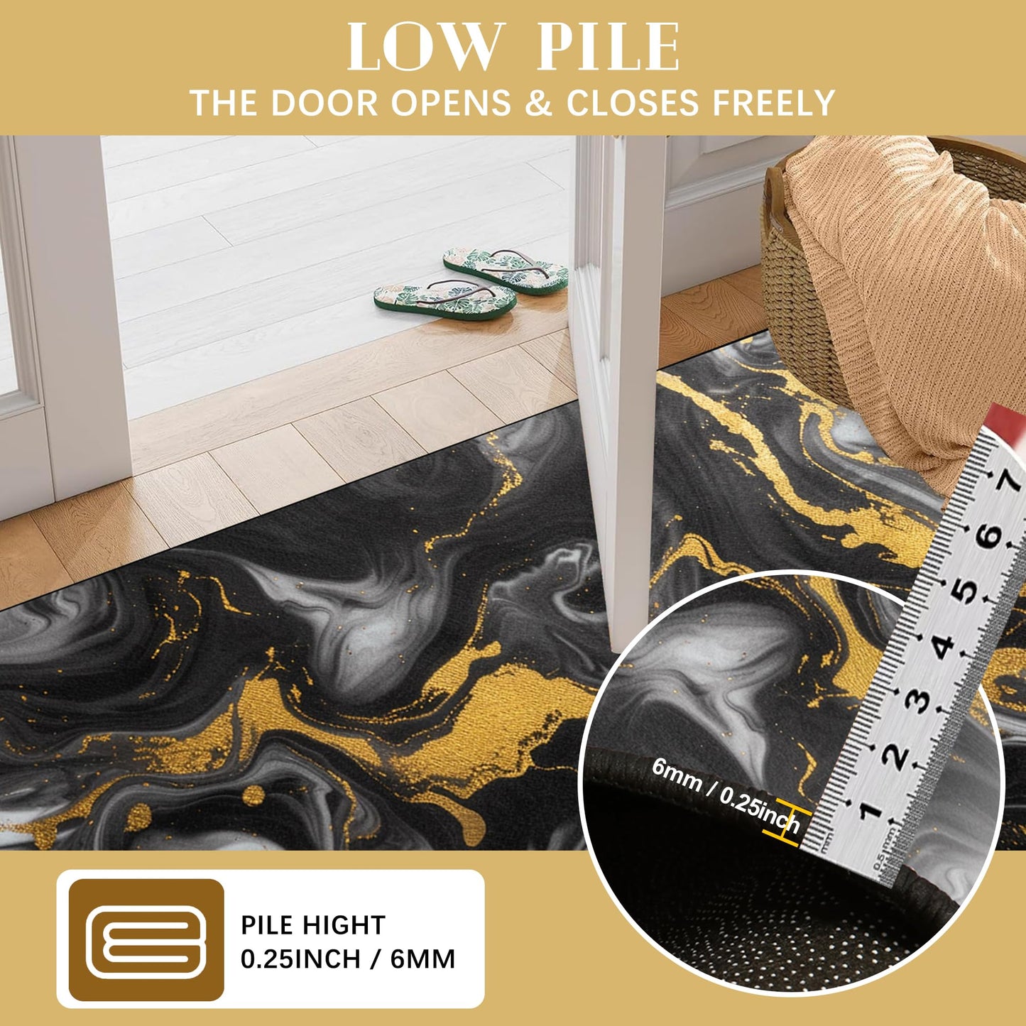 EDGZKO Black and Gold Area Rug: 6x9 Feet Abstract Black Marble Rugs for Living Room Washable Non Slip Floor Carpet Aesthetic Doormat for Dining Room Bedroom Kitchen Dorm Office