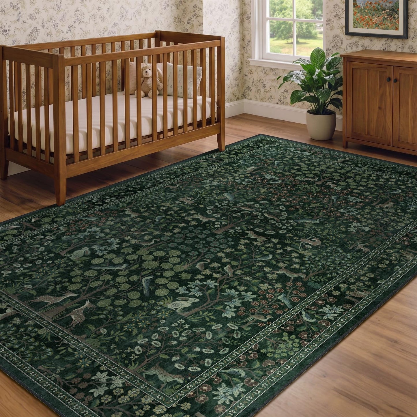 Jainmy Woodland Floral Animal 5x7 Washable Rugs for Living Room, Whimsical Tree of Life Natural Area Rug for Bedroom Nursery, Low Pile Thin Carpet Rugs for Dining Room Home Office Non Slip, Dark Green