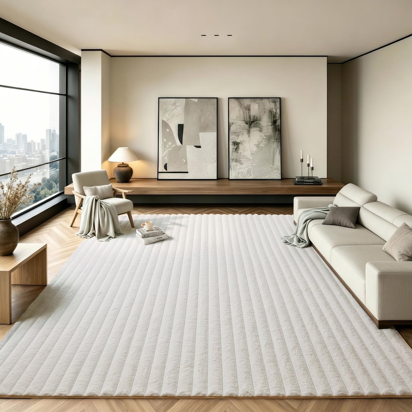 White Rabbit Striped Plush Rug 8'x10', Fluffy Shaggy Area Rug for Nursery & Kids Room, Faux Fur Carpet for Girls Bedroom, Living Room, Teen Decor