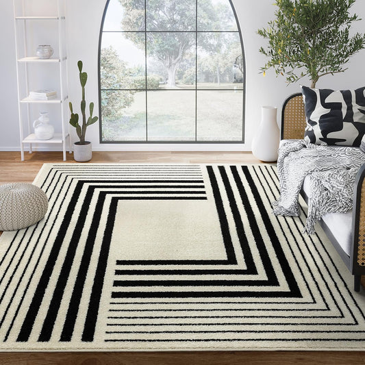 Abani Geometric Beige/Black Area Rug -5'3" x 7'6"- Modern 3D Lines Design - Deco Collection - Easy to Clean - Durable for High Traffic Areas -Living Room, Dining Room - Medium Pile