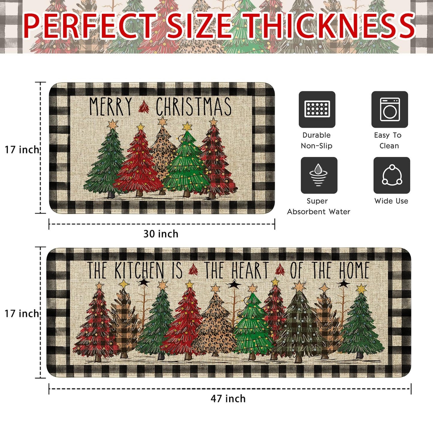 bchiijds Christmas Tree Kitchen Mat Decor, Black & White Buffalo Plaid Christmas Kitchen Rugs Set of 2 Non Slip Indoor Xmas Holiday Floor Mat Runner Rug Home Decorations