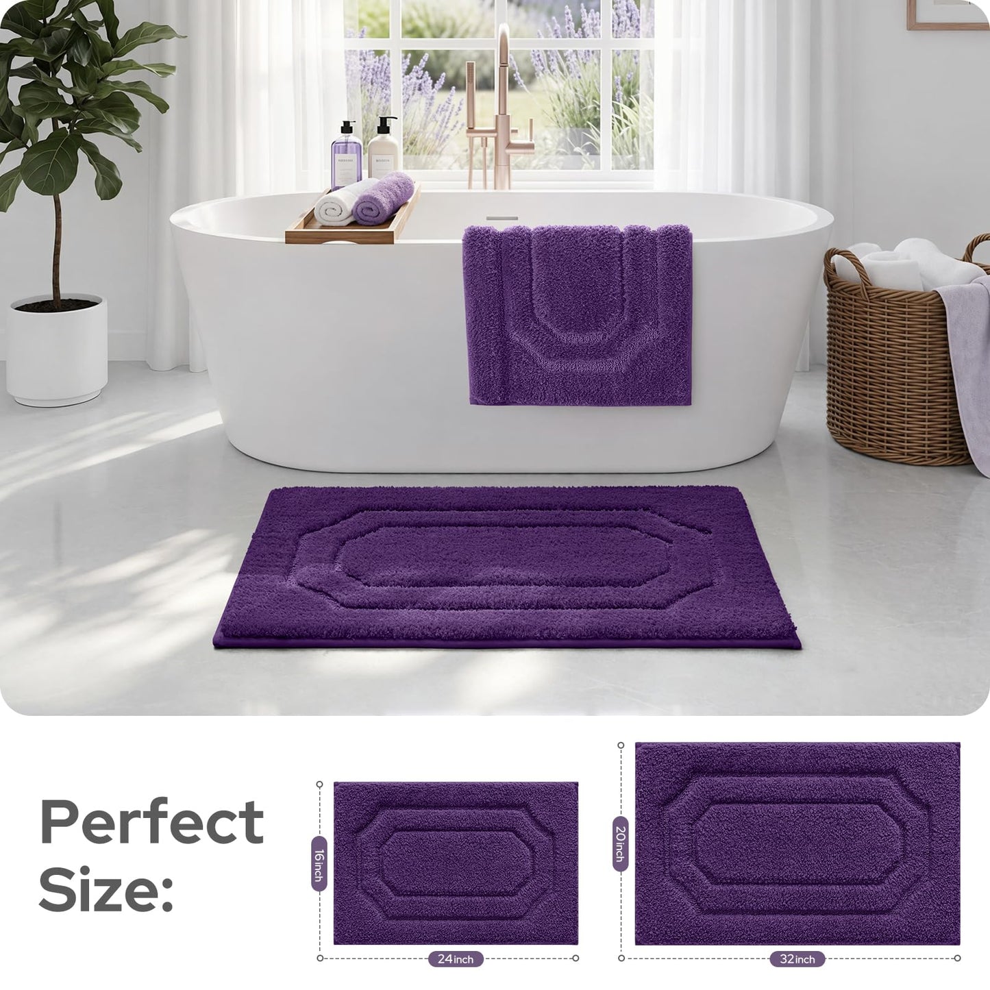 HOMEIDEAS Bathroom Rugs Sets 2 Piece, Extra Soft and Absorbent Microfiber Plush Bath Mat with Non Slip Backing(Purple)
