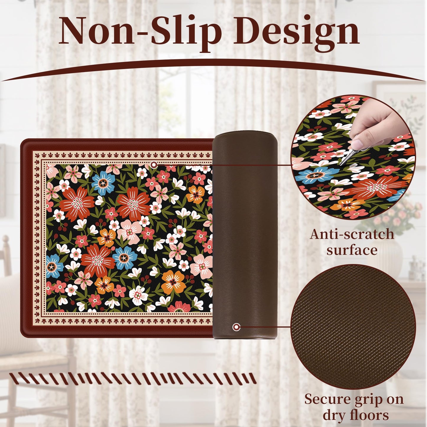 CHICNOOK Boho Vintage Floral Kitchen Rug Set of 3, Black Rustic Kitchen Mat