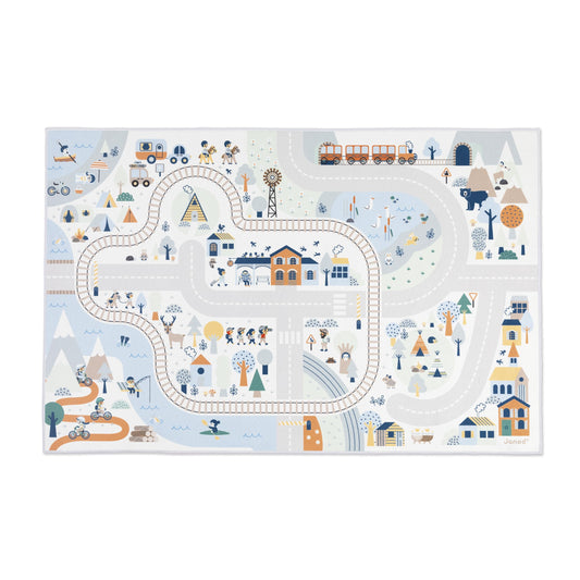 Janod - Children's Car Rug - Winter Mountain Theme - Soft & Non-Slip - Sports & Valley Pattern - Play Rug for Girls & Boys' Bedrooms - 120 x 78cm - Hand Washable - from 2 Years Old - J05940