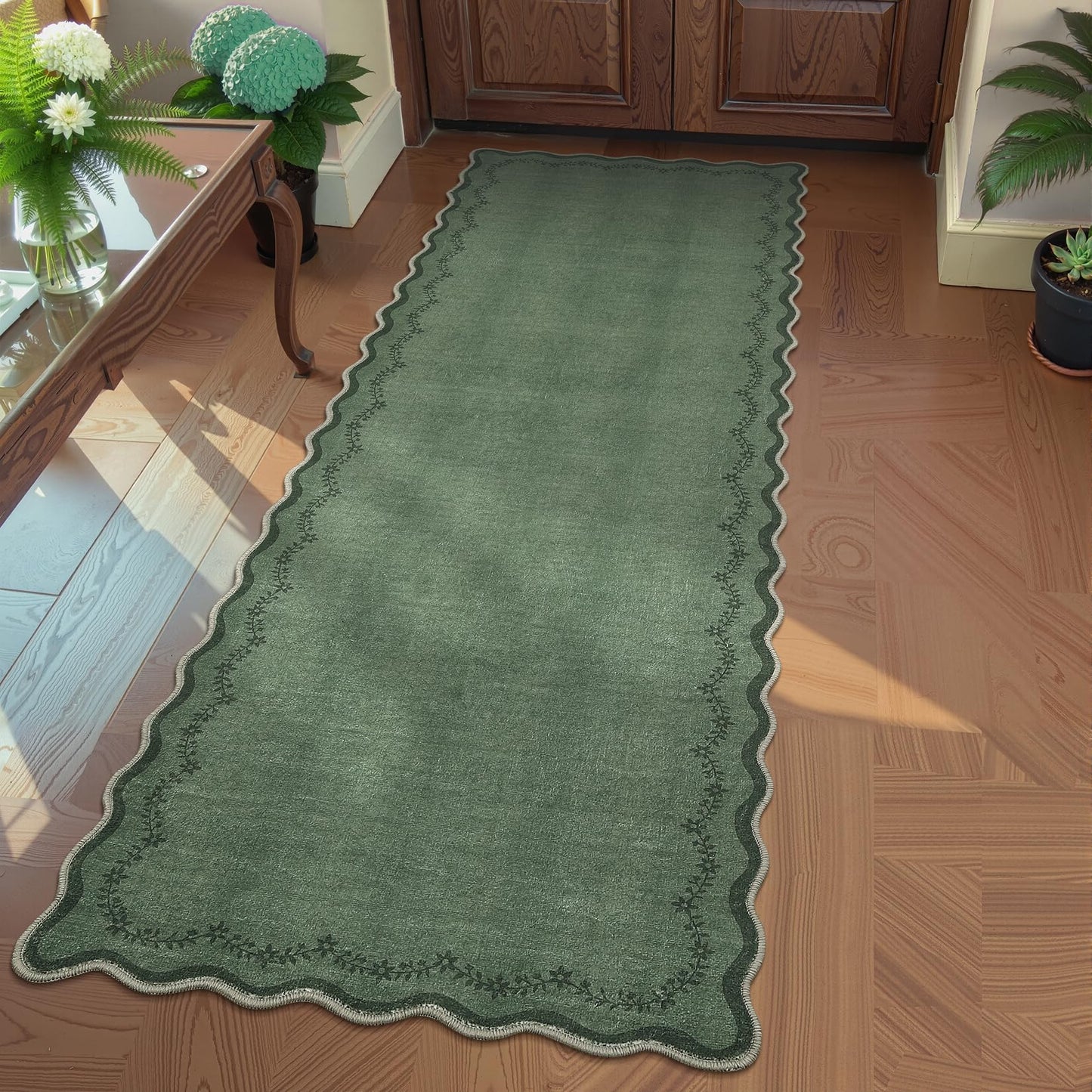 GarveeHome 2x6 Scalloped Washable Runner Rug for Kitchen, Soft Green Hallway Runner Non Slip Entryway Rug Farmhouse Thin Laundry Mat Stain Resistant Carpet for Bedroom Bathroom Beside Rug